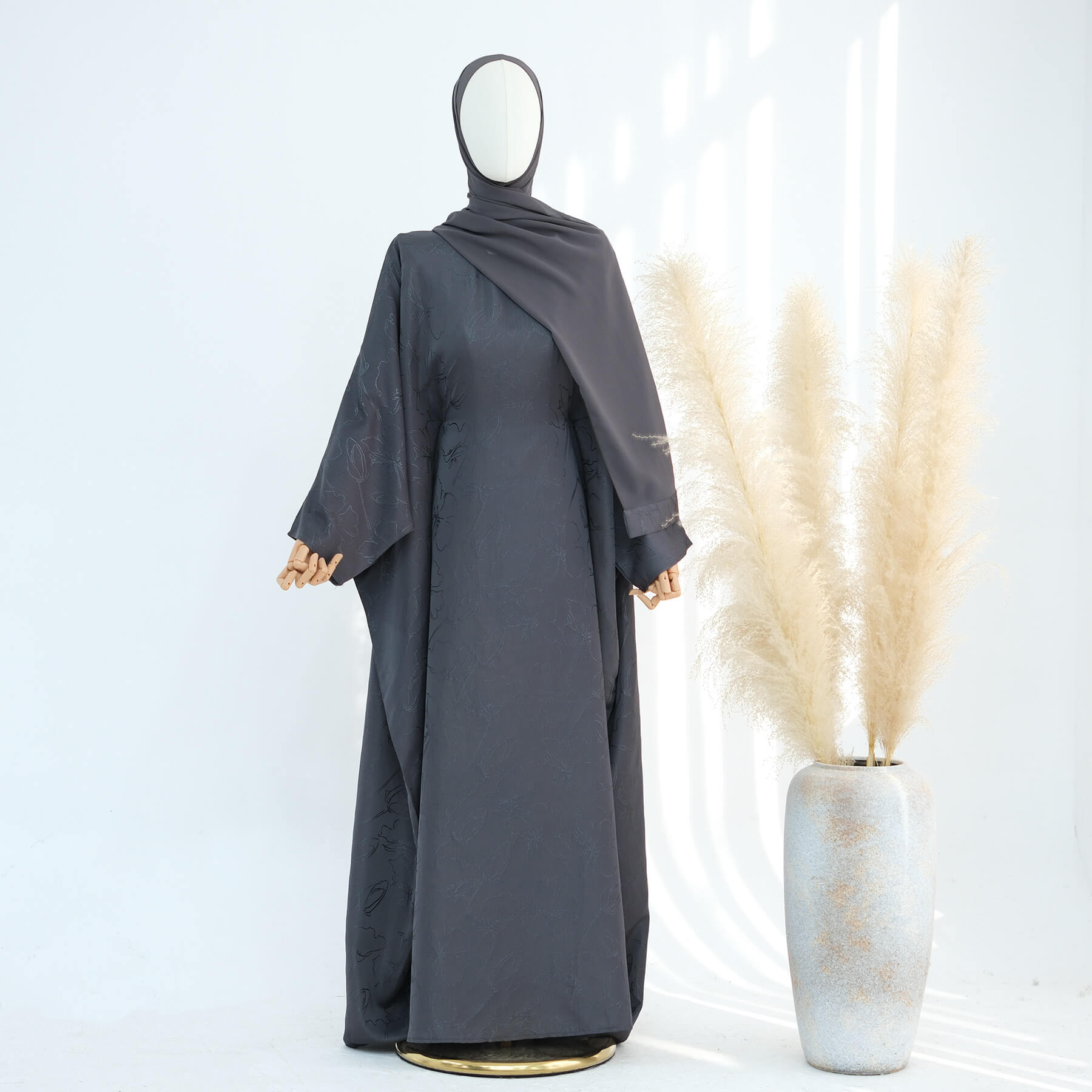 Satin Jacquard Abaya with Chiffon Hijab 2-Piece Set
