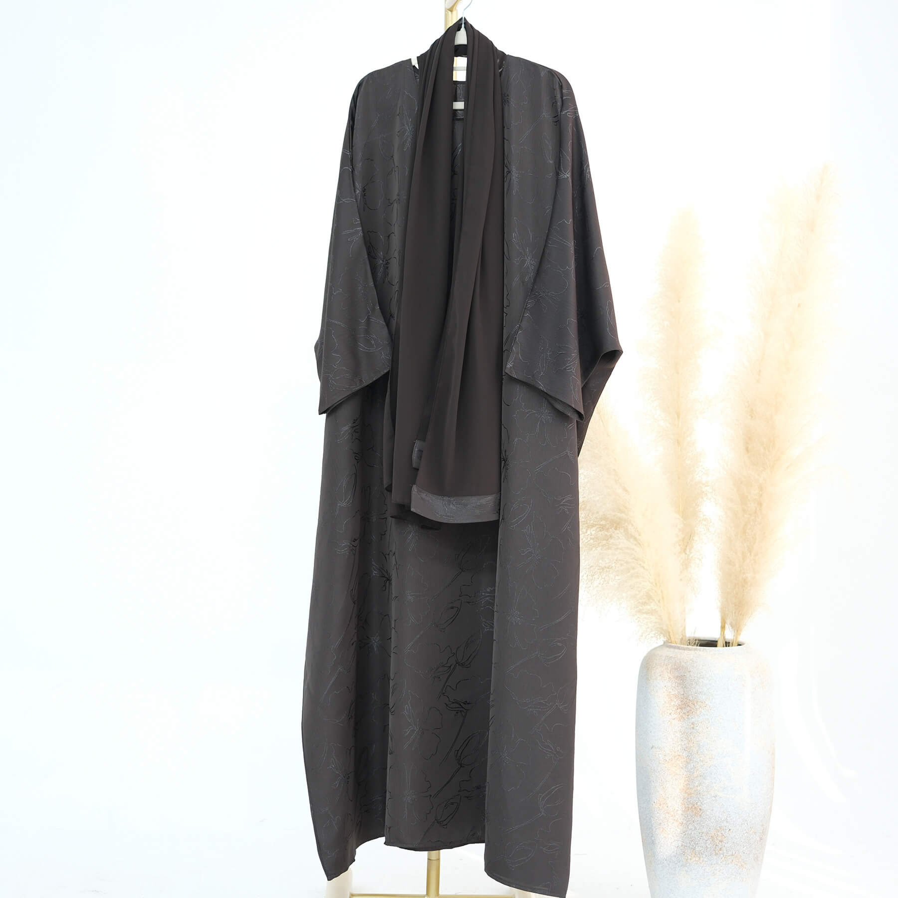 Satin Jacquard Abaya with Chiffon Hijab 2-Piece Set