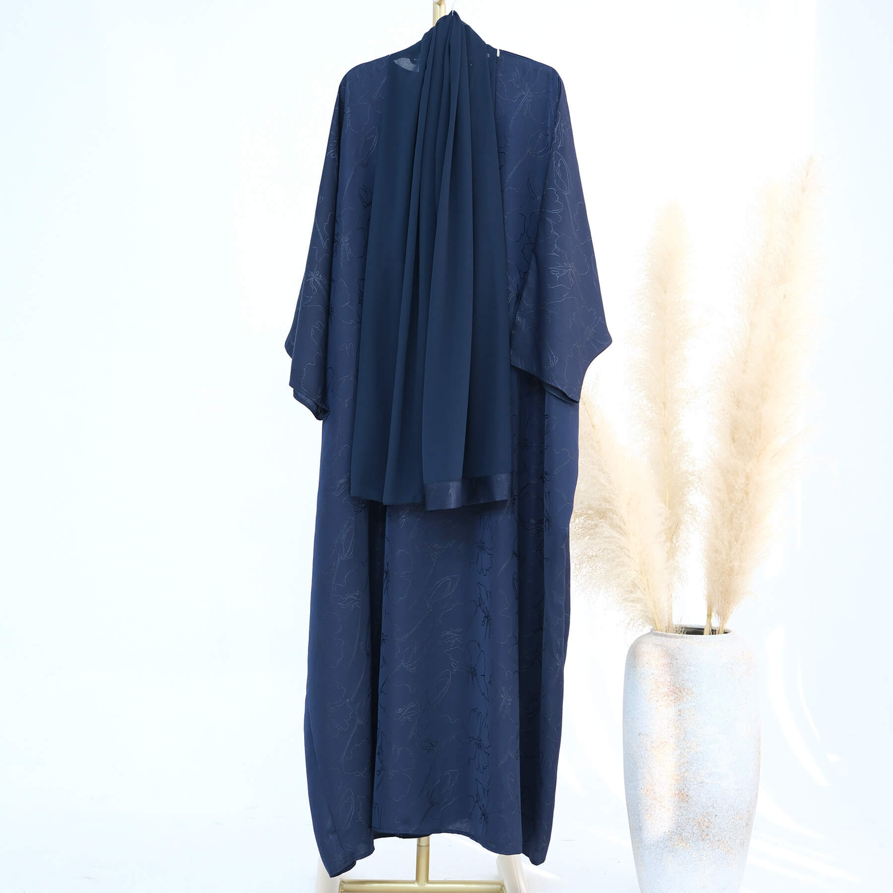 Satin Jacquard Abaya with Chiffon Hijab 2-Piece Set