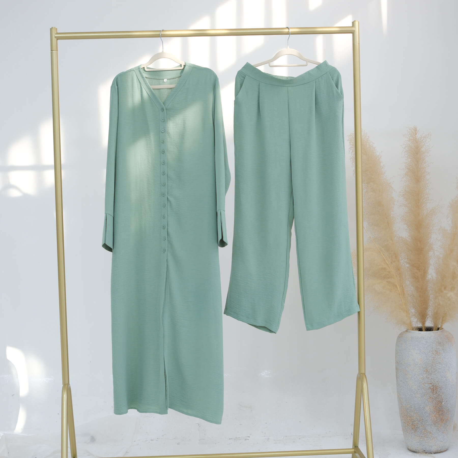 Ice Silk Crinkle Buttons Abaya 2-Piece Set