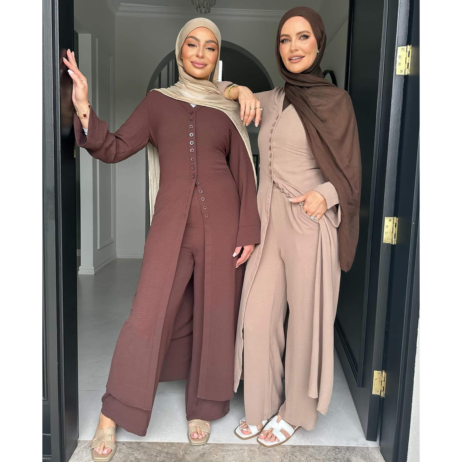 Ice Silk Crinkle Buttons Abaya 2-Piece Set