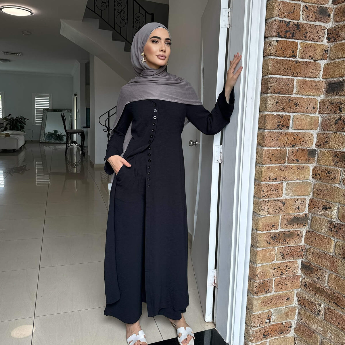 Ice Silk Crinkle Buttons Abaya 2-Piece Set