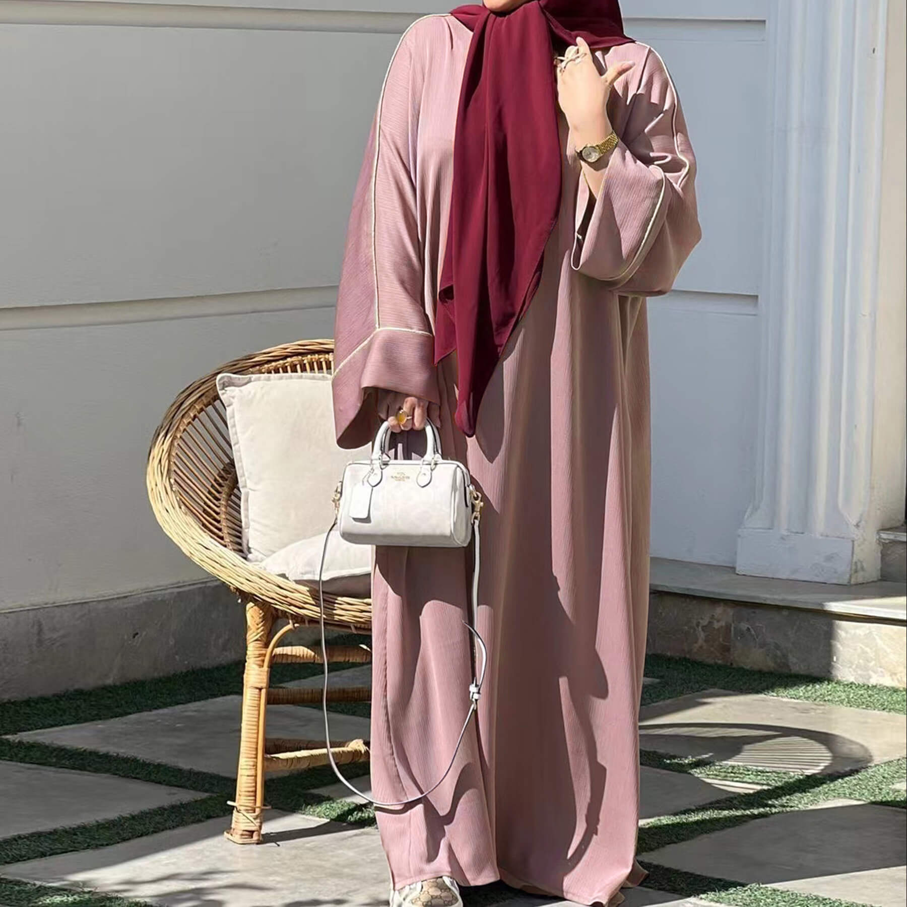 Contrast-Trim Acetate Crinkle Abaya