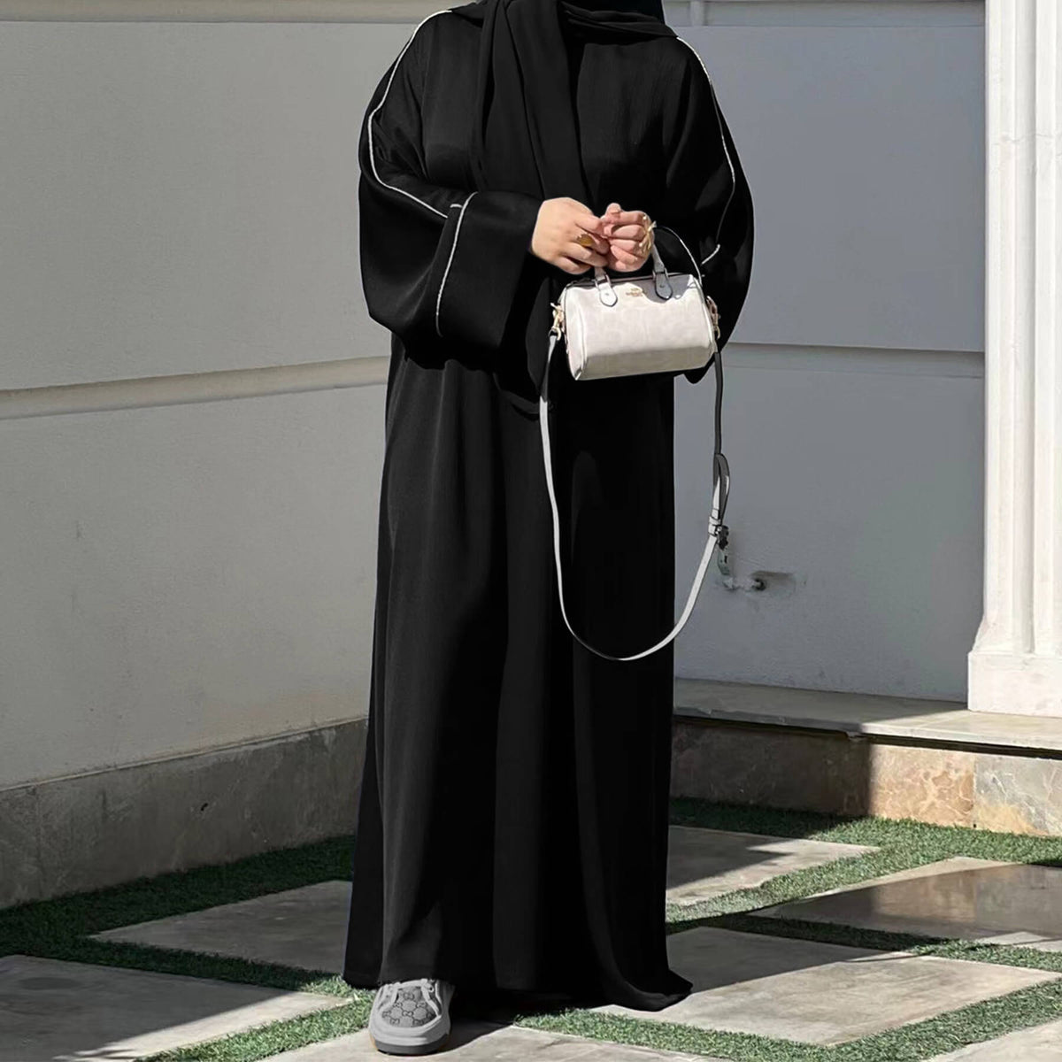 Contrast-Trim Acetate Crinkle Abaya