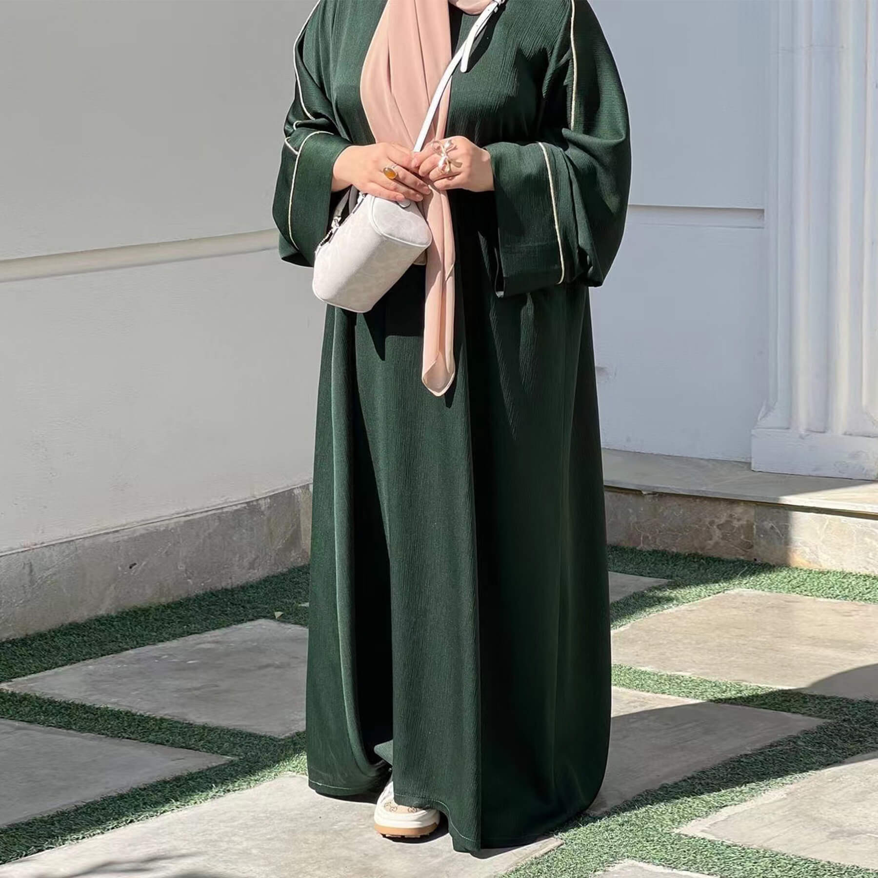 Contrast-Trim Acetate Crinkle Abaya