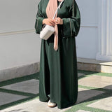 Contrast-Trim Acetate Crinkle Abaya