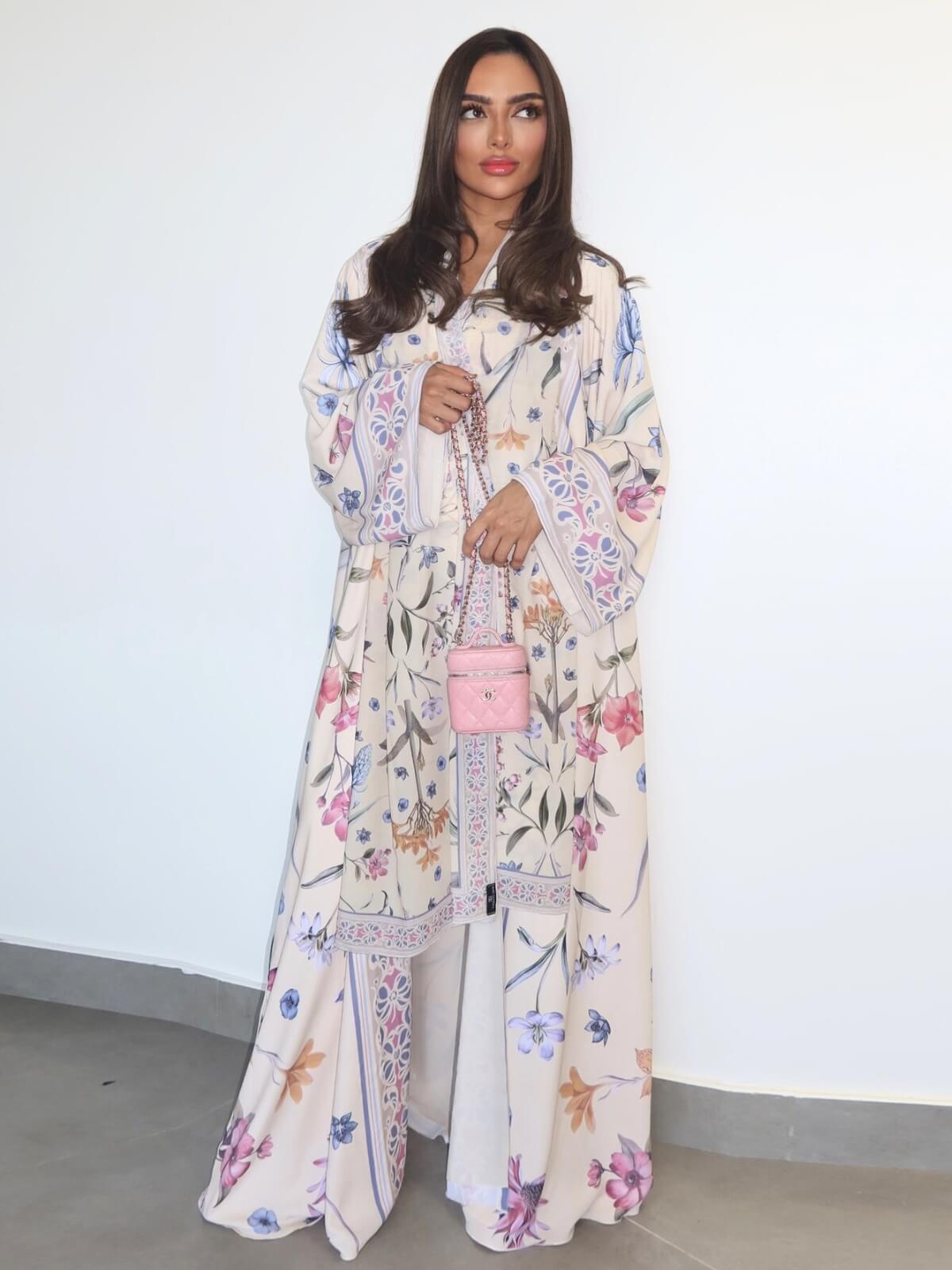 Floral Printed Open Abaya with Hijab 2-Piece Set