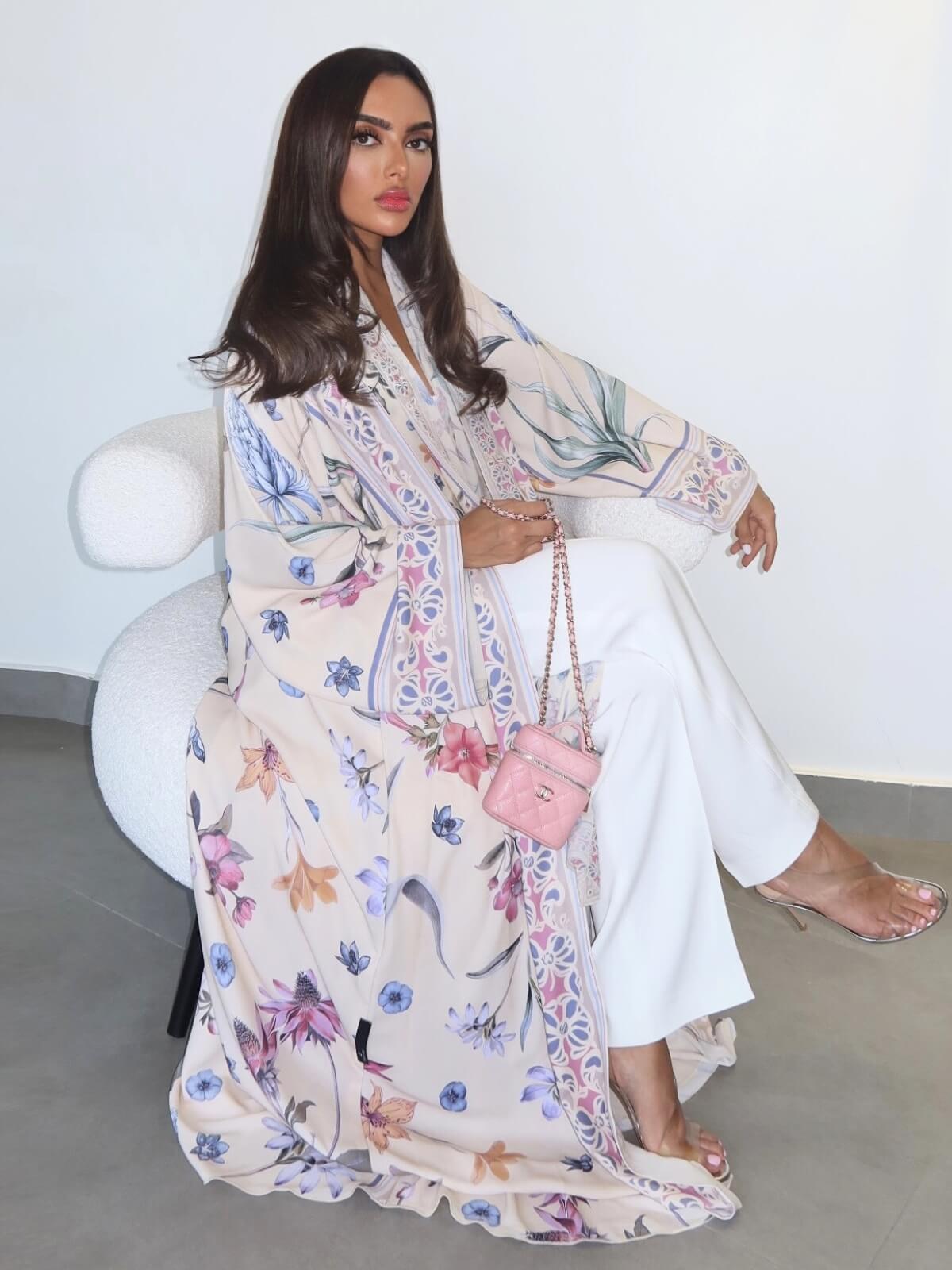 Floral Printed Open Abaya with Hijab 2-Piece Set