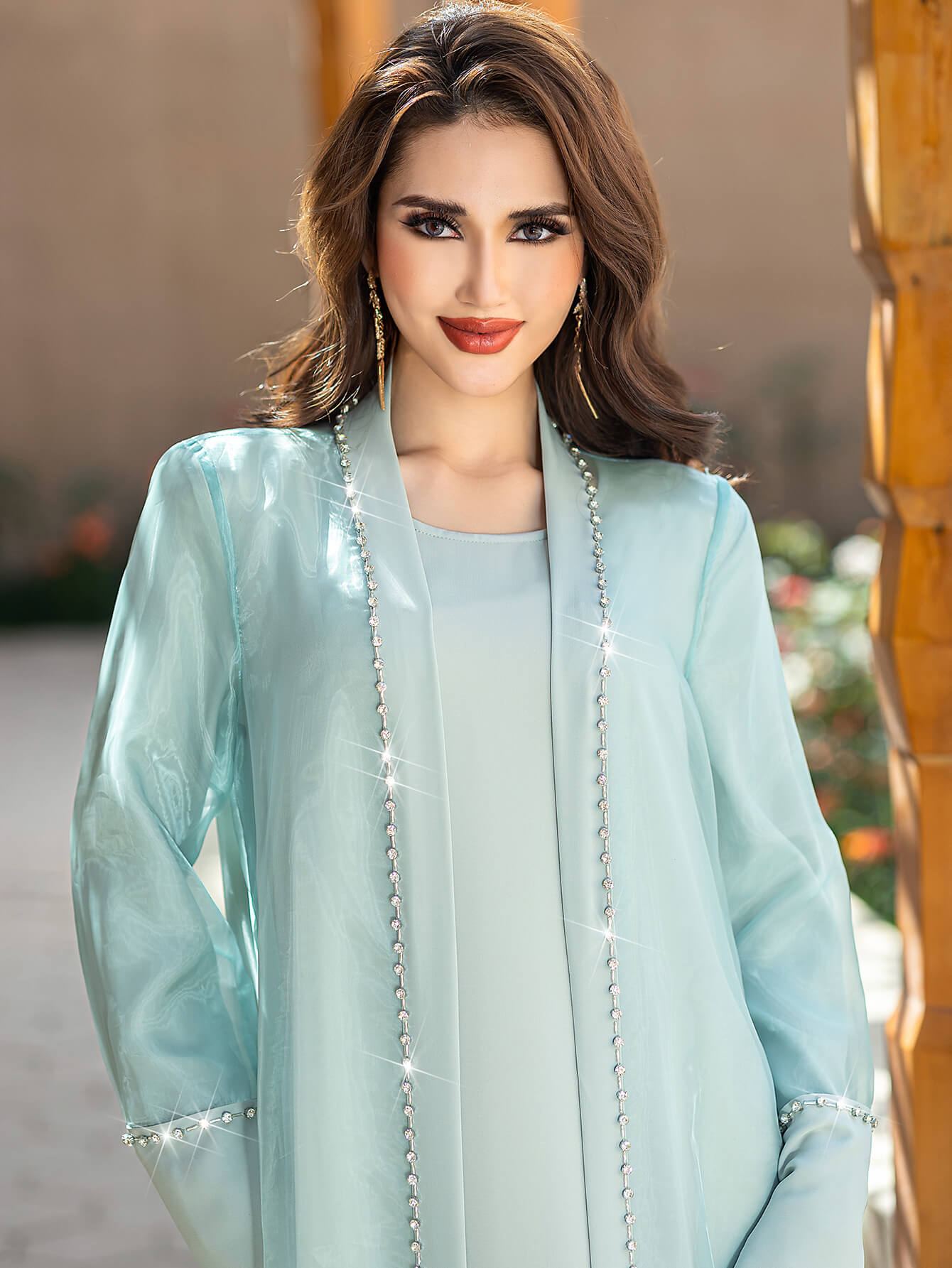 Mint Beaed Open Abaya Dress 2-Piece Set