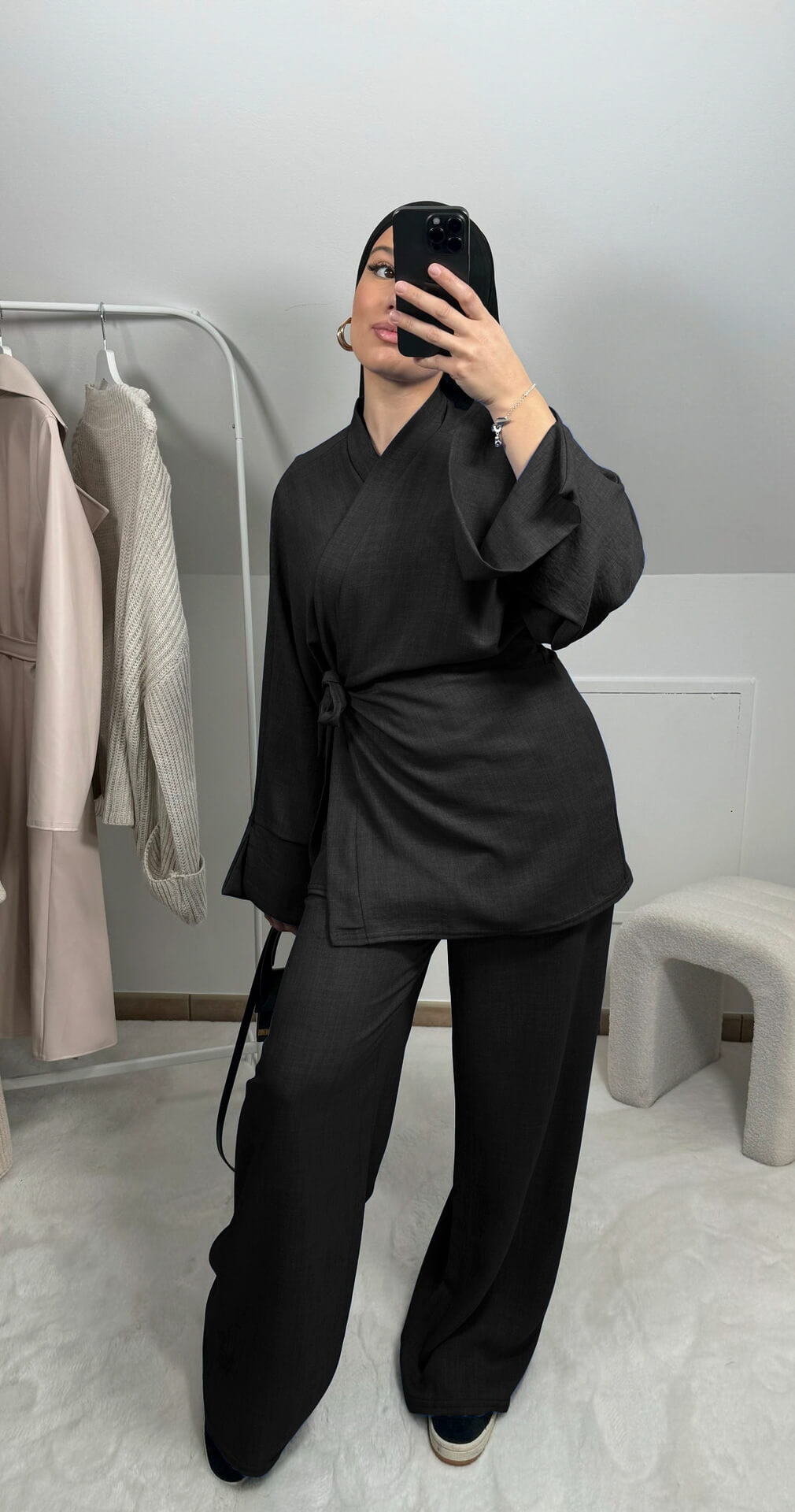 Tie-Waist Two-Piece Set - Belted Wrap Top & Wide-Leg Pants