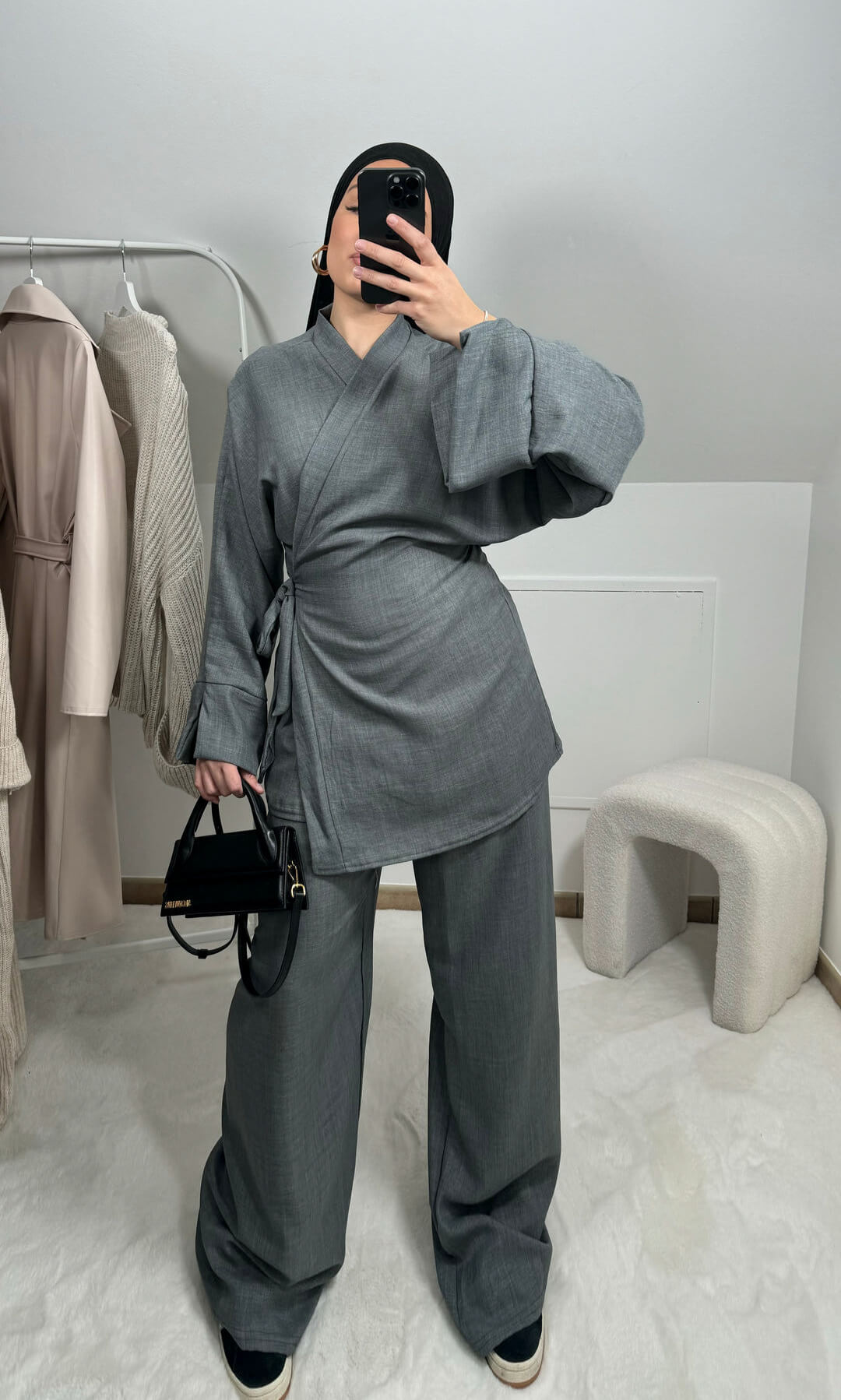 Tie-Waist Two-Piece Set - Belted Wrap Top & Wide-Leg Pants