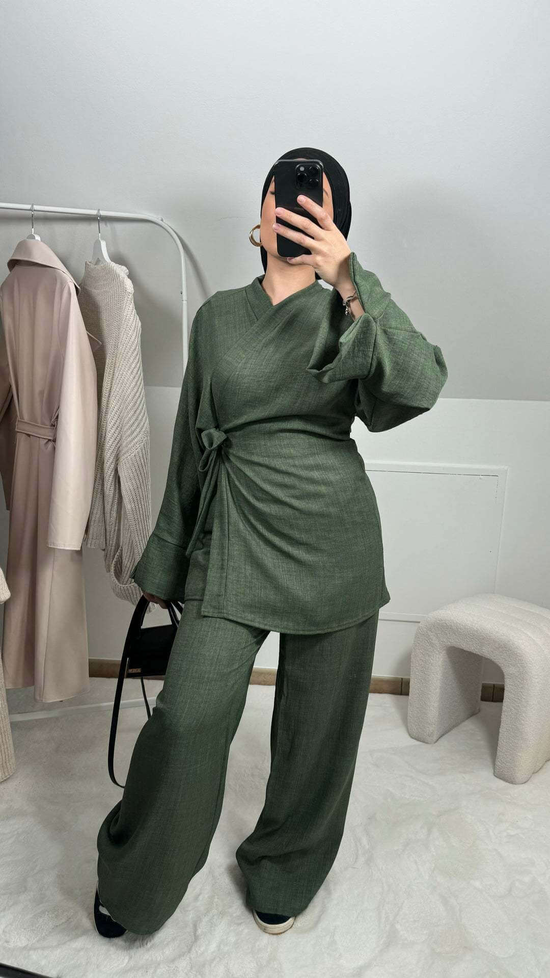 Tie-Waist Two-Piece Set - Belted Wrap Top & Wide-Leg Pants