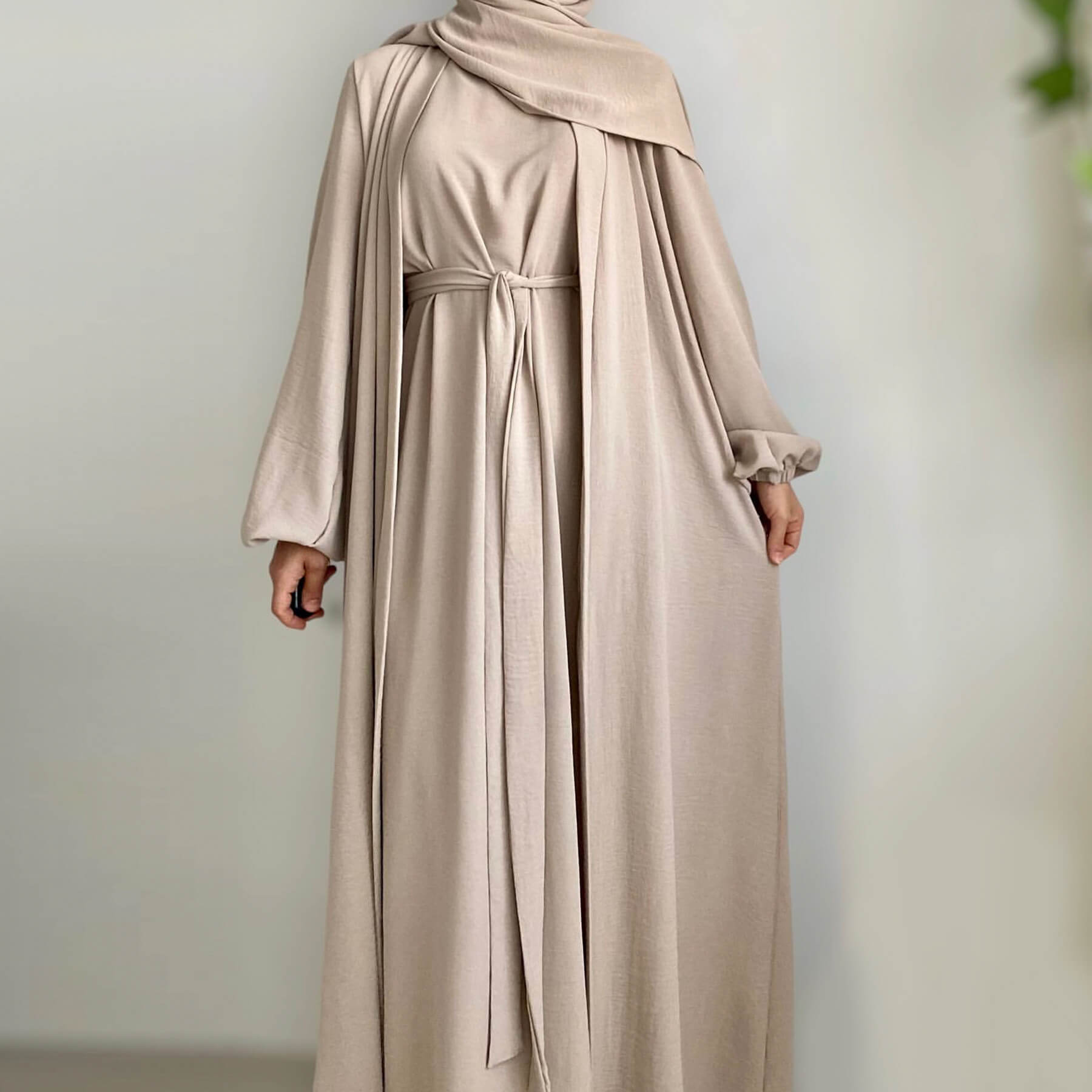 Pleated Ice-Silk Abaya 3-Piece Set