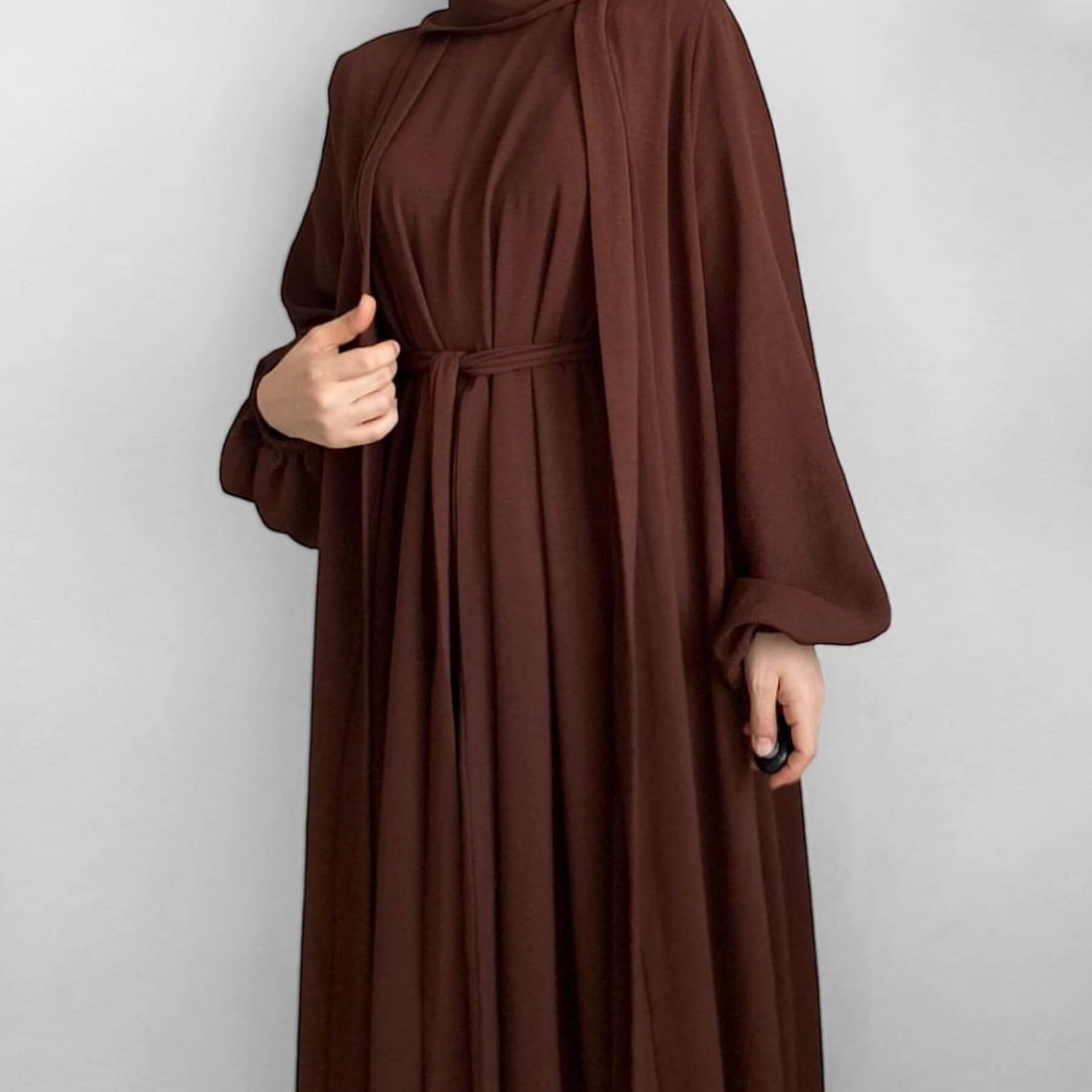 Pleated Ice-Silk Abaya 3-Piece Set