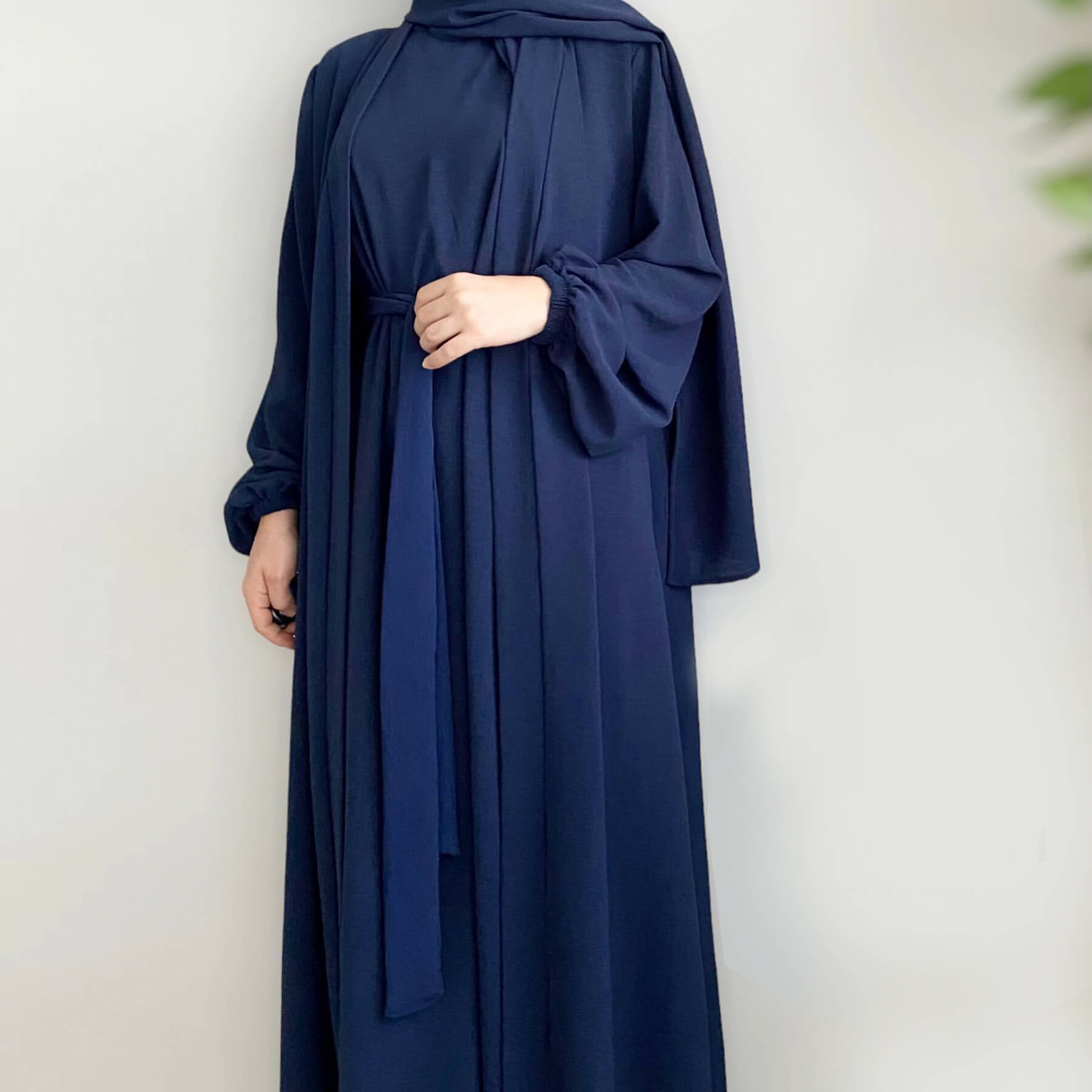 Pleated Ice-Silk Abaya 3-Piece Set