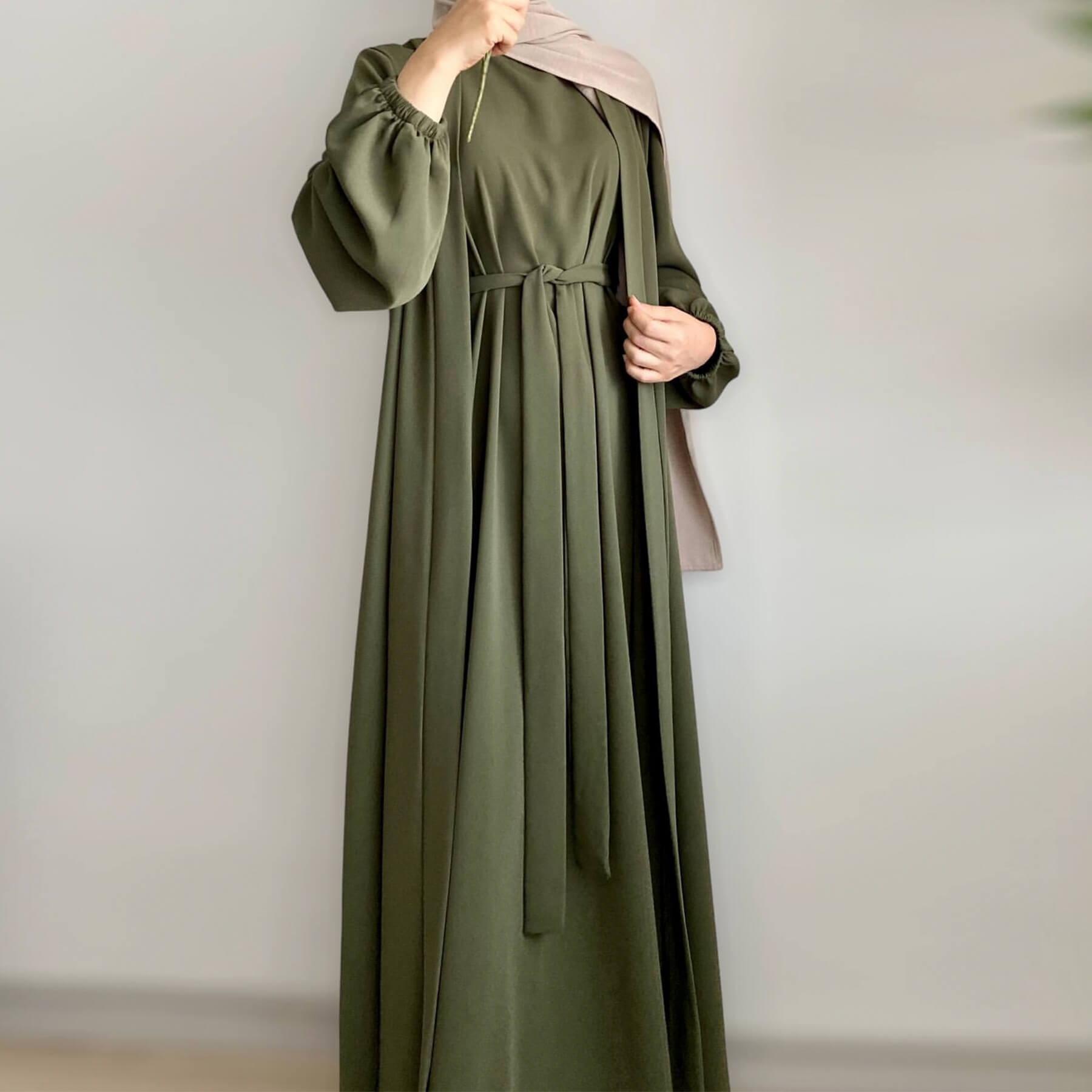Pleated Ice-Silk Abaya 3-Piece Set