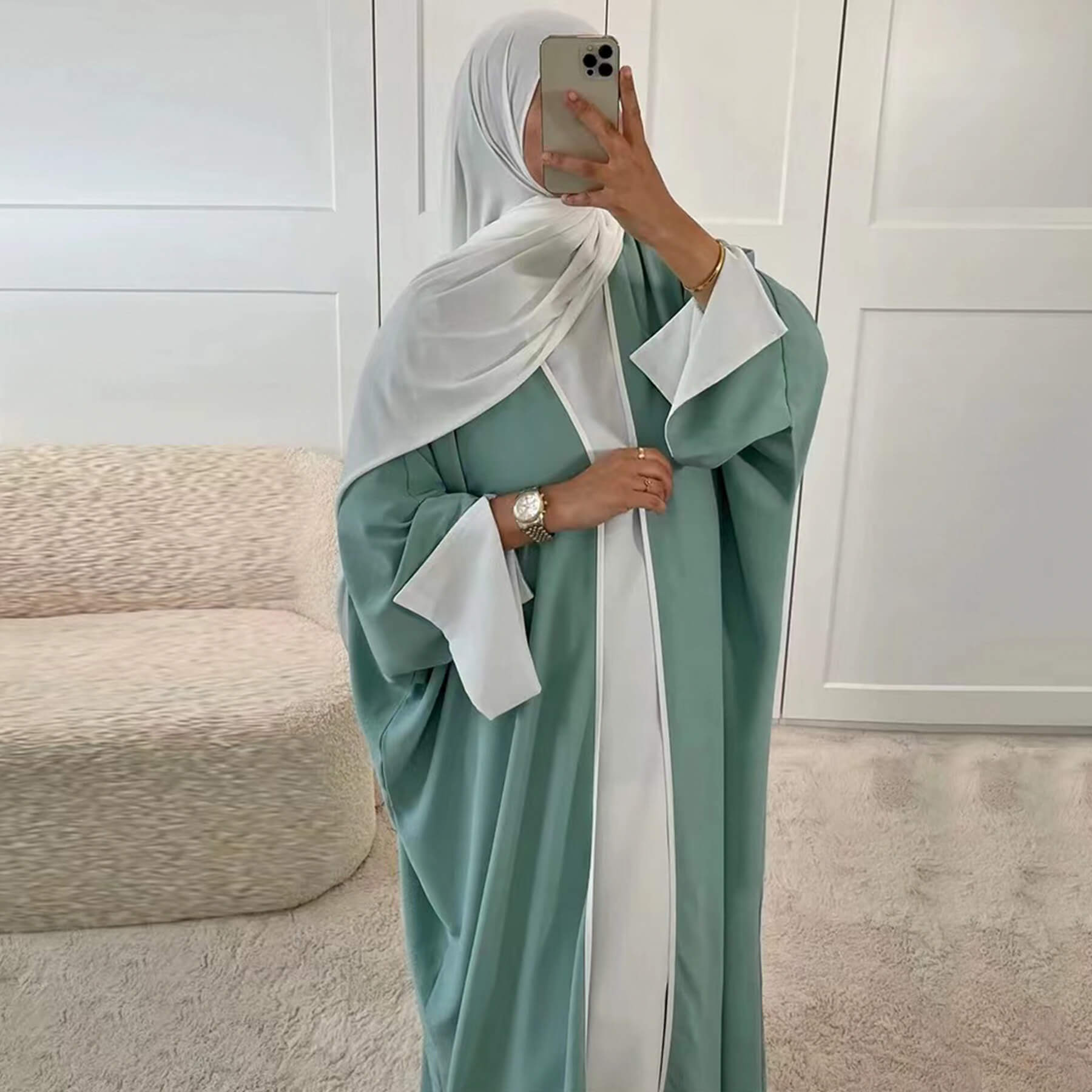 Nida Batwing Sleeve Contrast-Trim Open Abaya