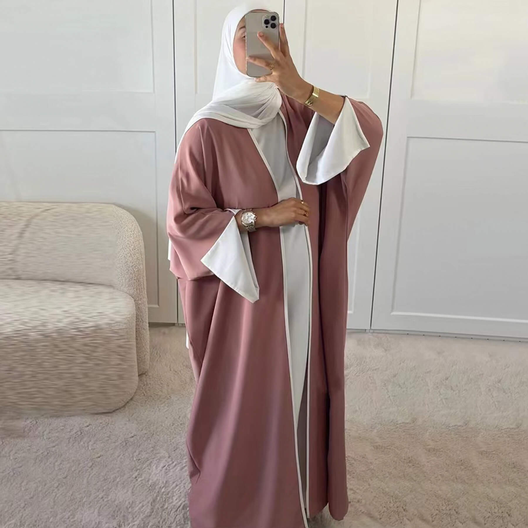 Nida Batwing Sleeve Contrast-Trim Open Abaya