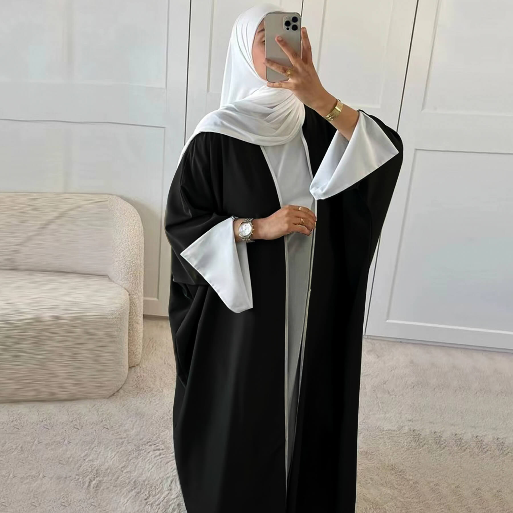 Nida Batwing Sleeve Contrast-Trim Open Abaya