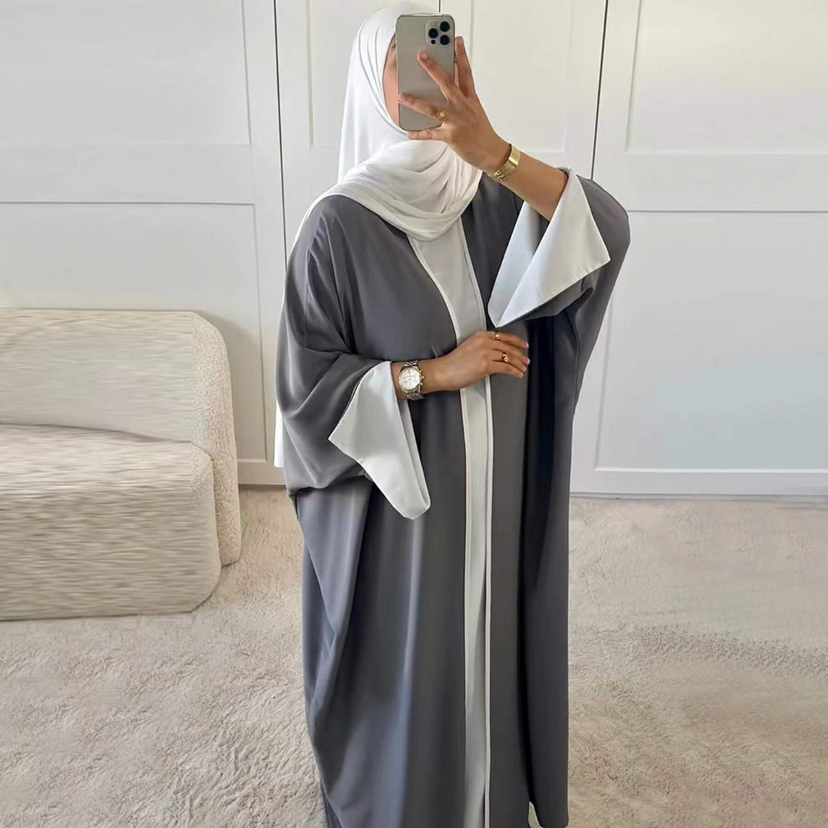 Nida Batwing Sleeve Contrast-Trim Open Abaya