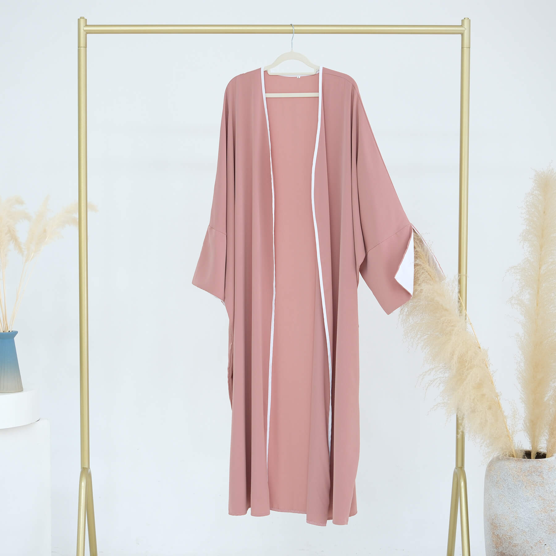 Nida Batwing Sleeve Contrast-Trim Open Abaya