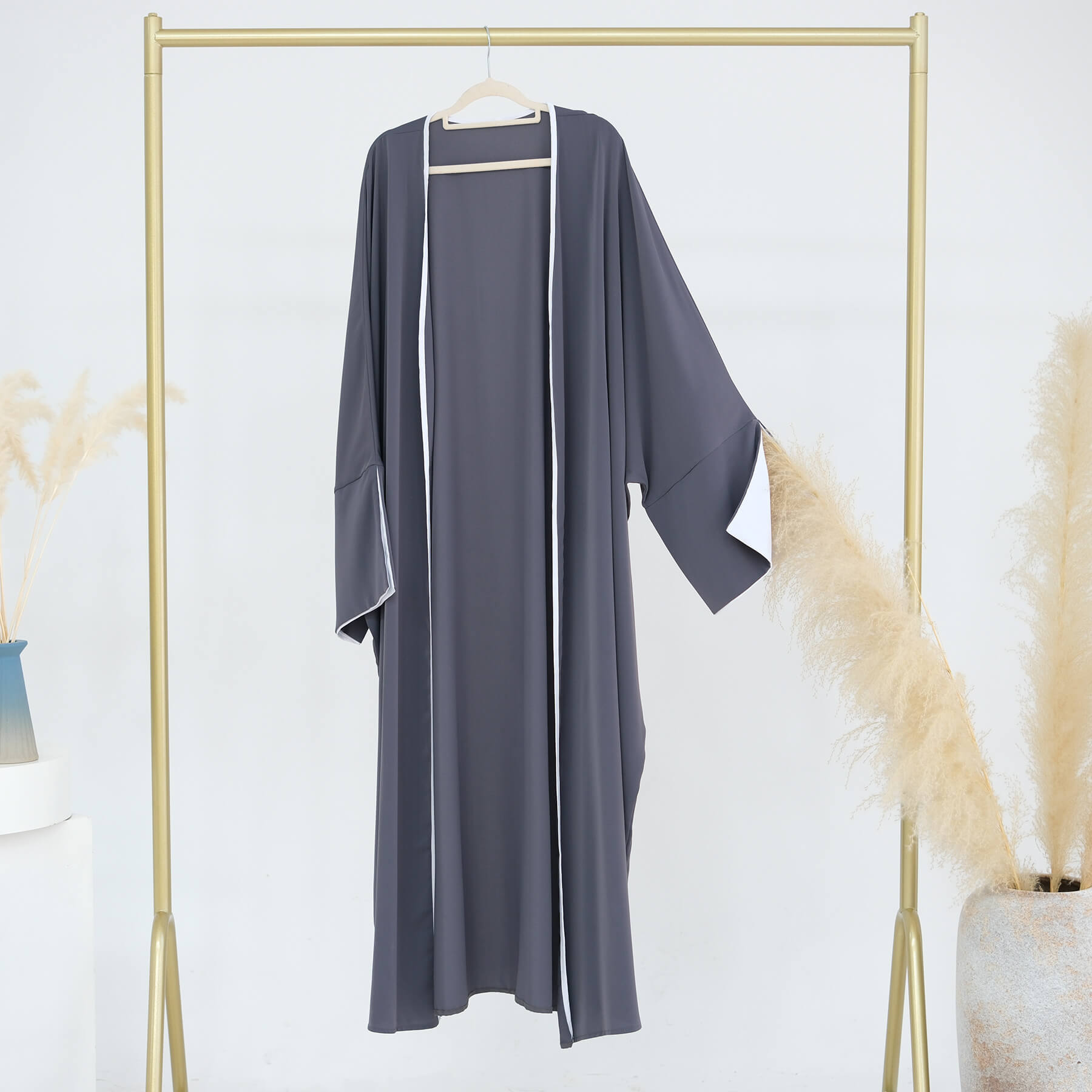 Nida Batwing Sleeve Contrast-Trim Open Abaya