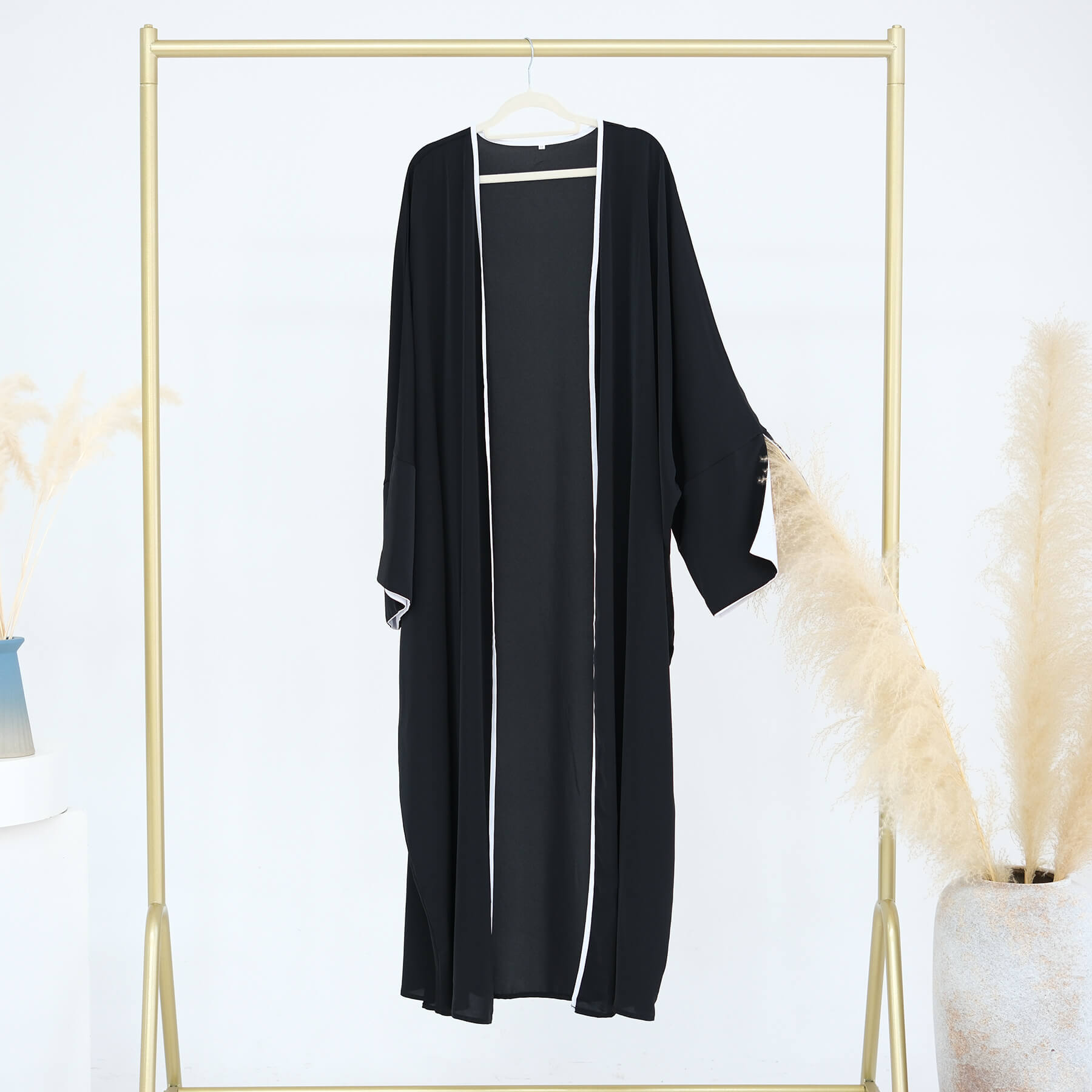 Nida Batwing Sleeve Contrast-Trim Open Abaya