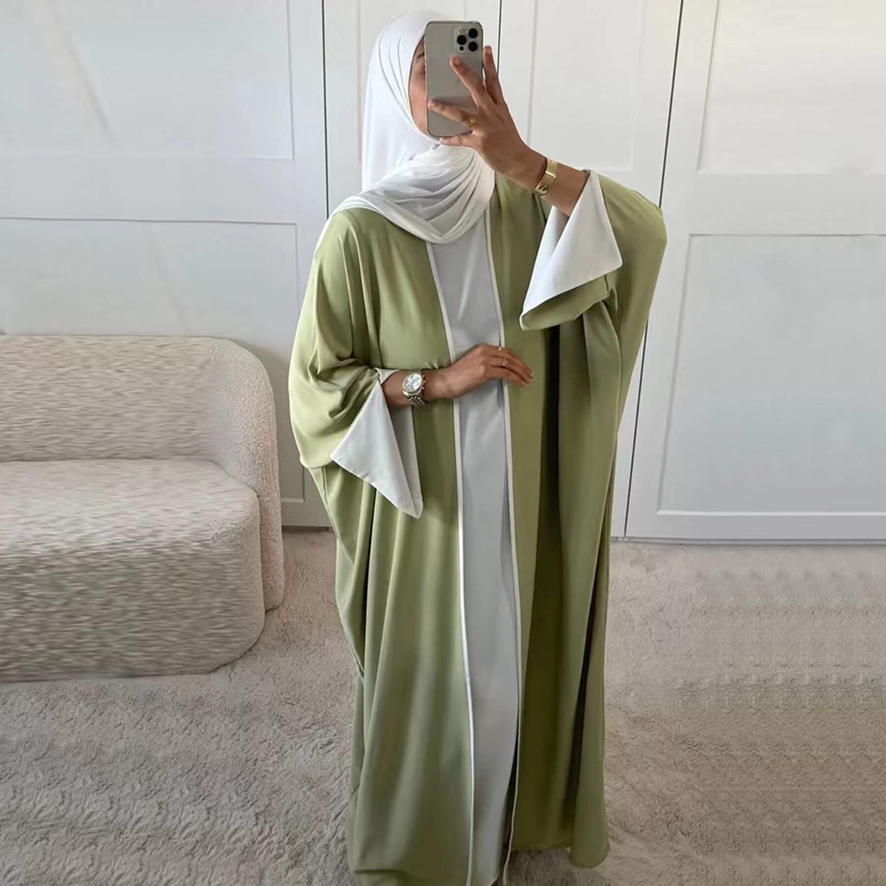 Nida Batwing Sleeve Contrast-Trim Open Abaya