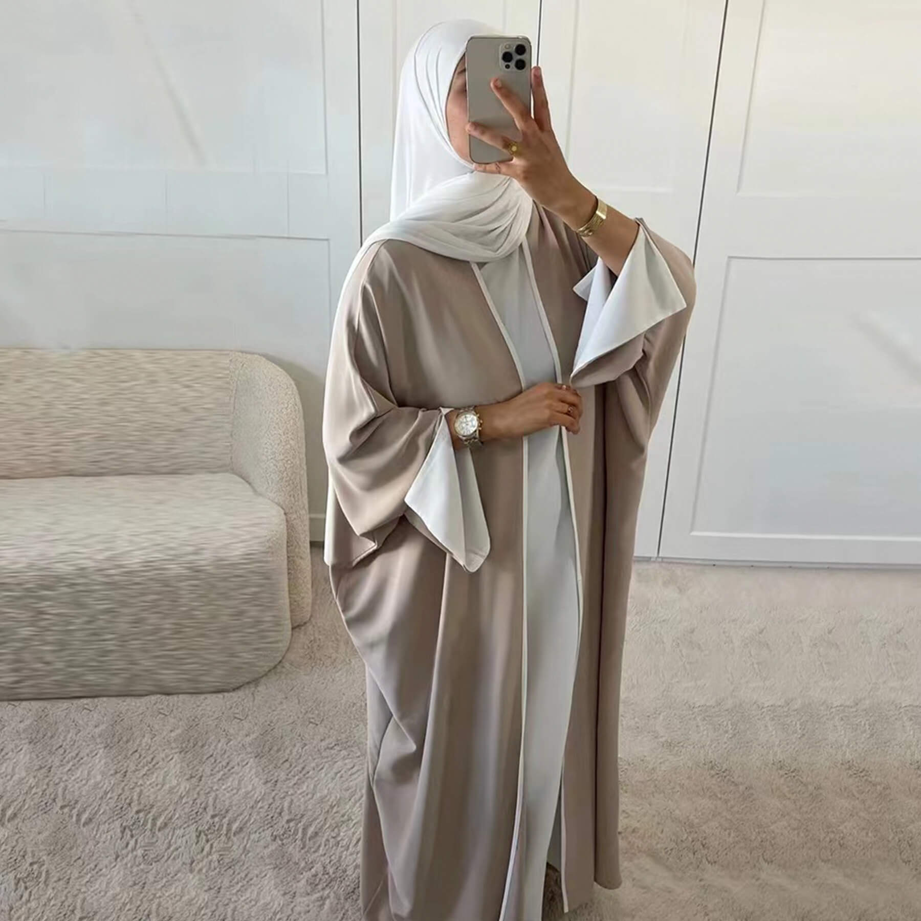 Nida Batwing Sleeve Contrast-Trim Open Abaya