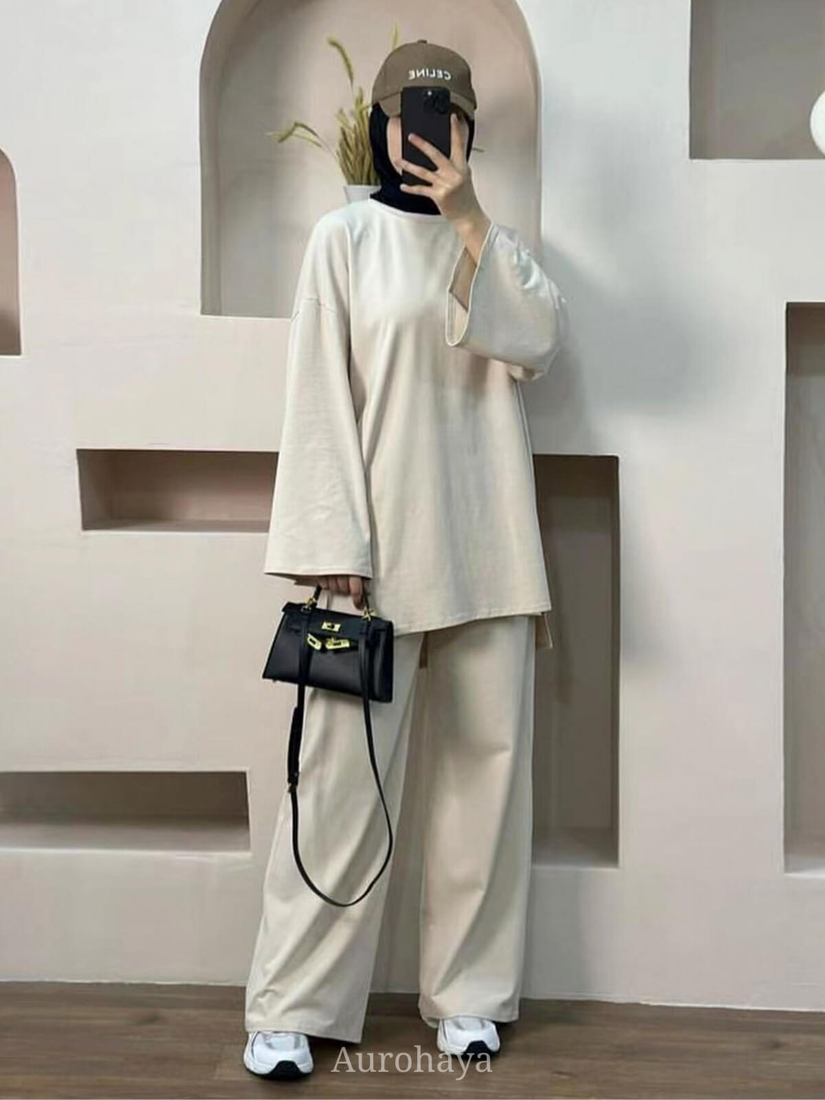 Solid Twill Sweatshirt 2-Piece Set - Loose-Fit Pullover & Wide-Leg Pants