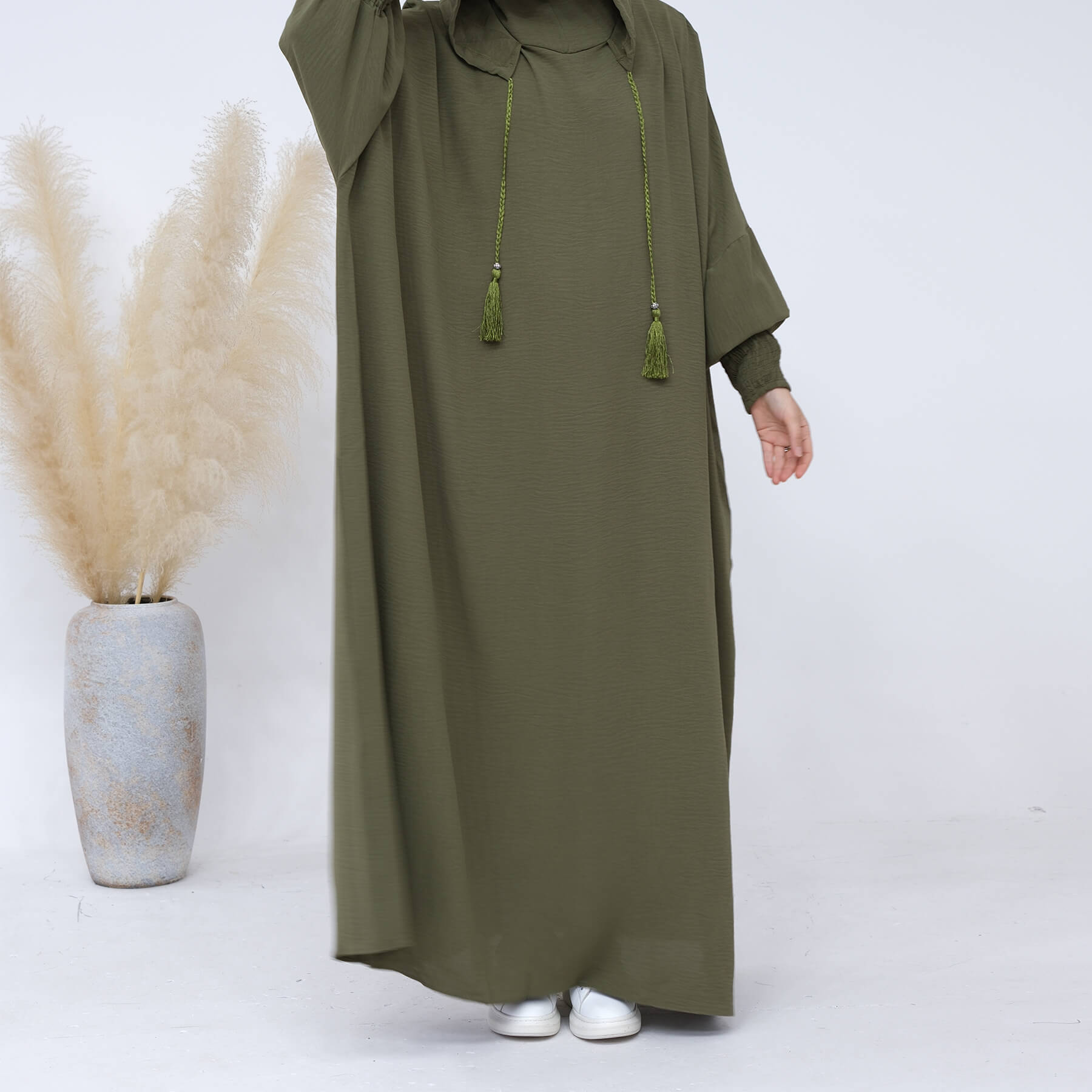 Solid Tassel Drawstring Hooded Abaya
