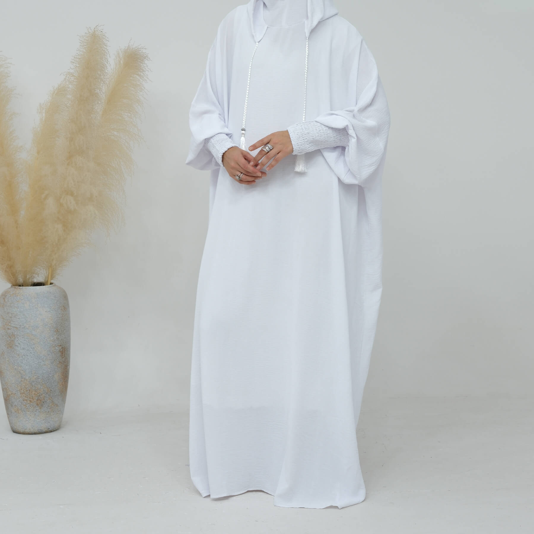 Solid Tassel Drawstring Hooded Abaya