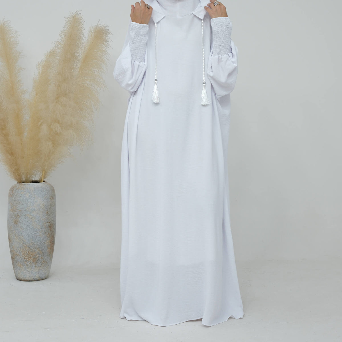 Solid Tassel Drawstring Hooded Abaya