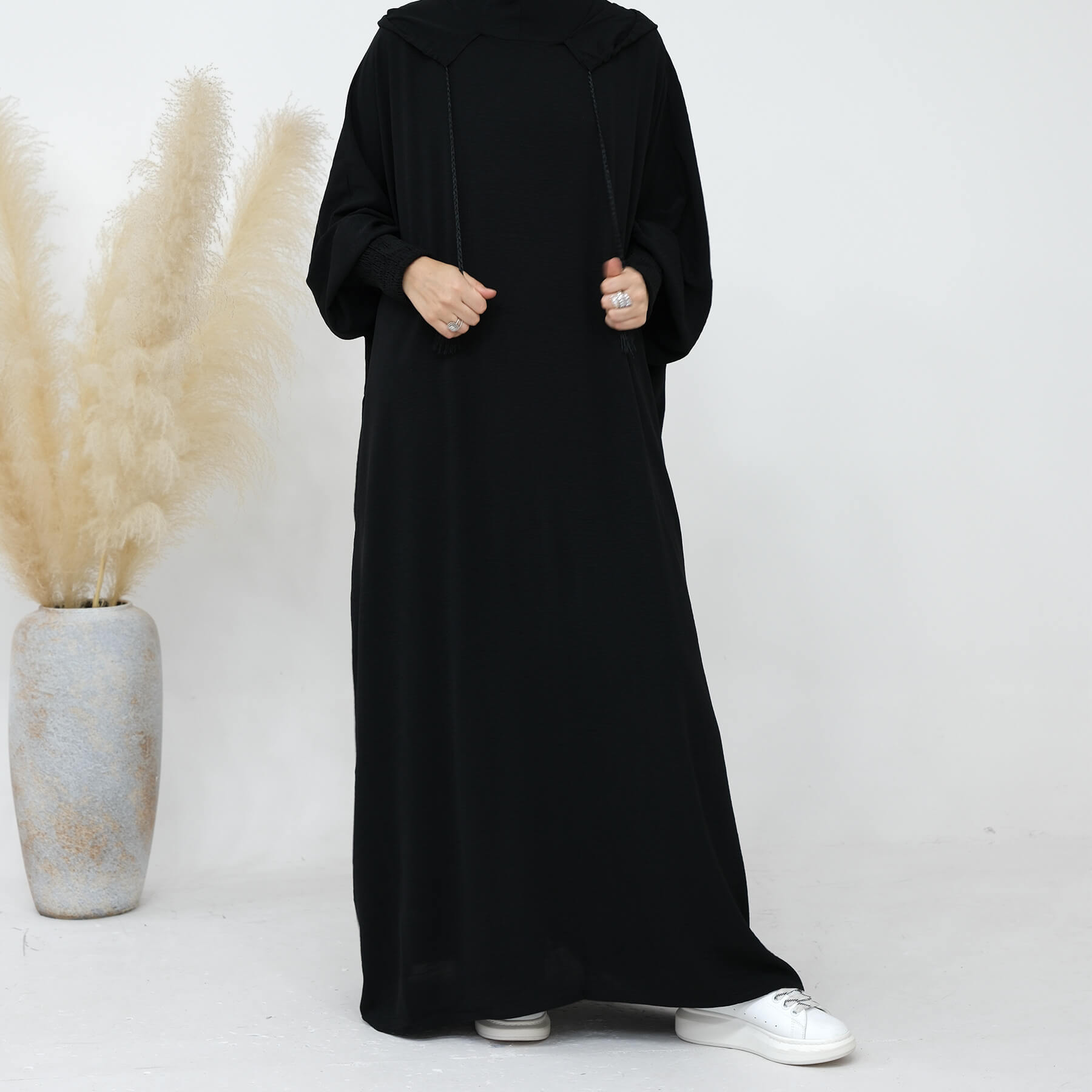 Solid Tassel Drawstring Hooded Abaya