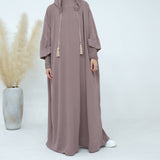 Solid Tassel Drawstring Hooded Abaya