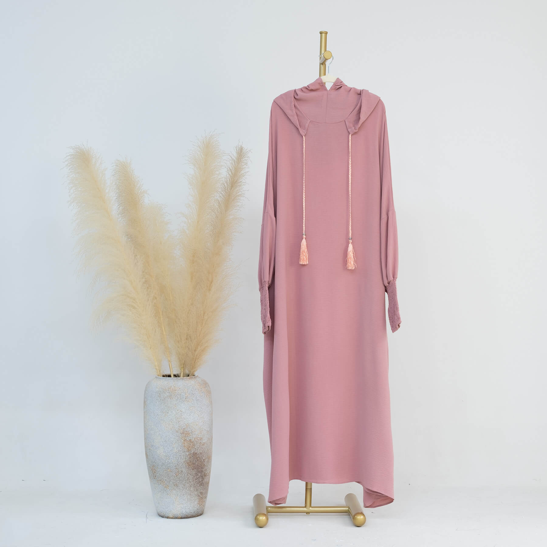 Solid Tassel Drawstring Hooded Abaya
