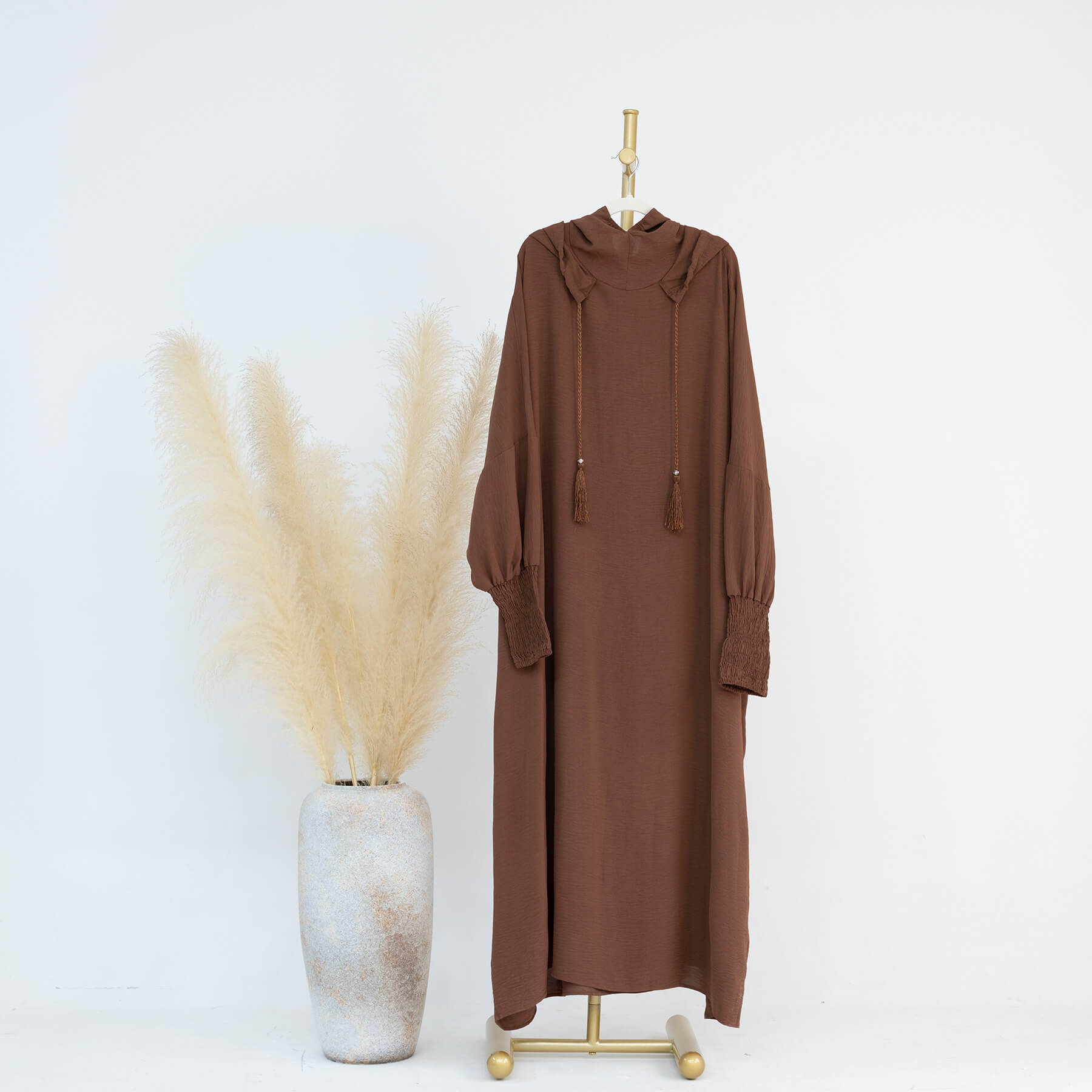 Solid Tassel Drawstring Hooded Abaya