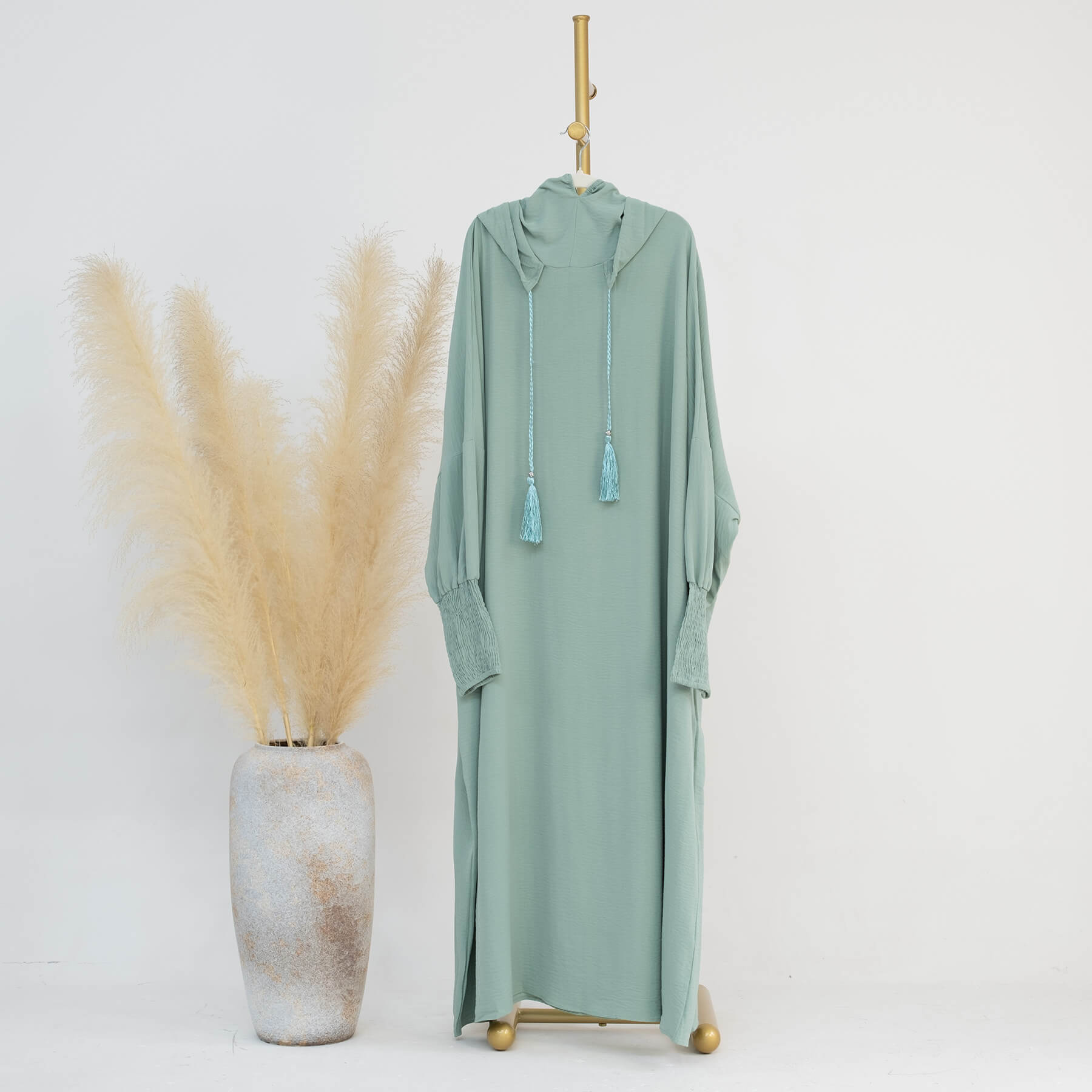 Solid Tassel Drawstring Hooded Abaya
