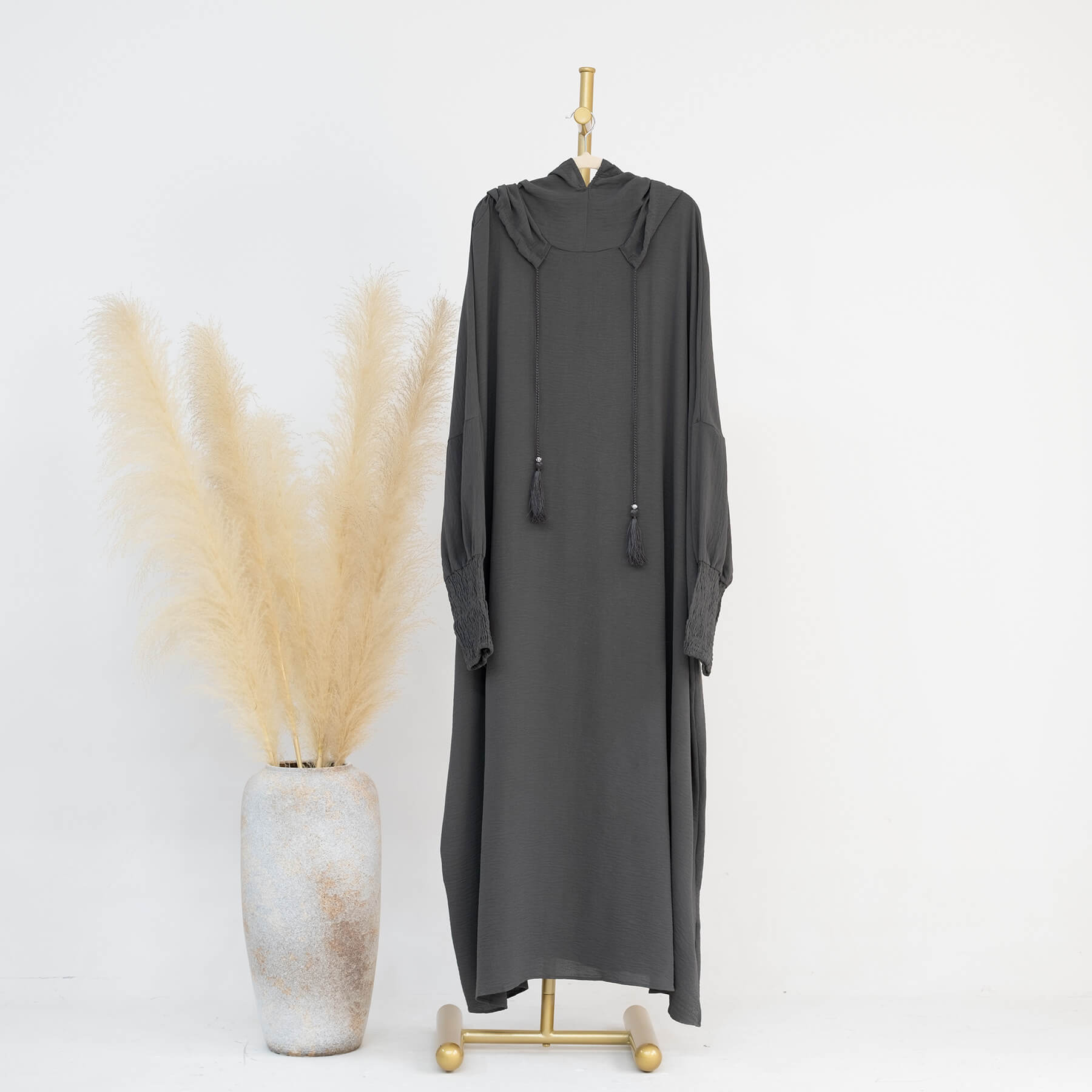 Solid Tassel Drawstring Hooded Abaya