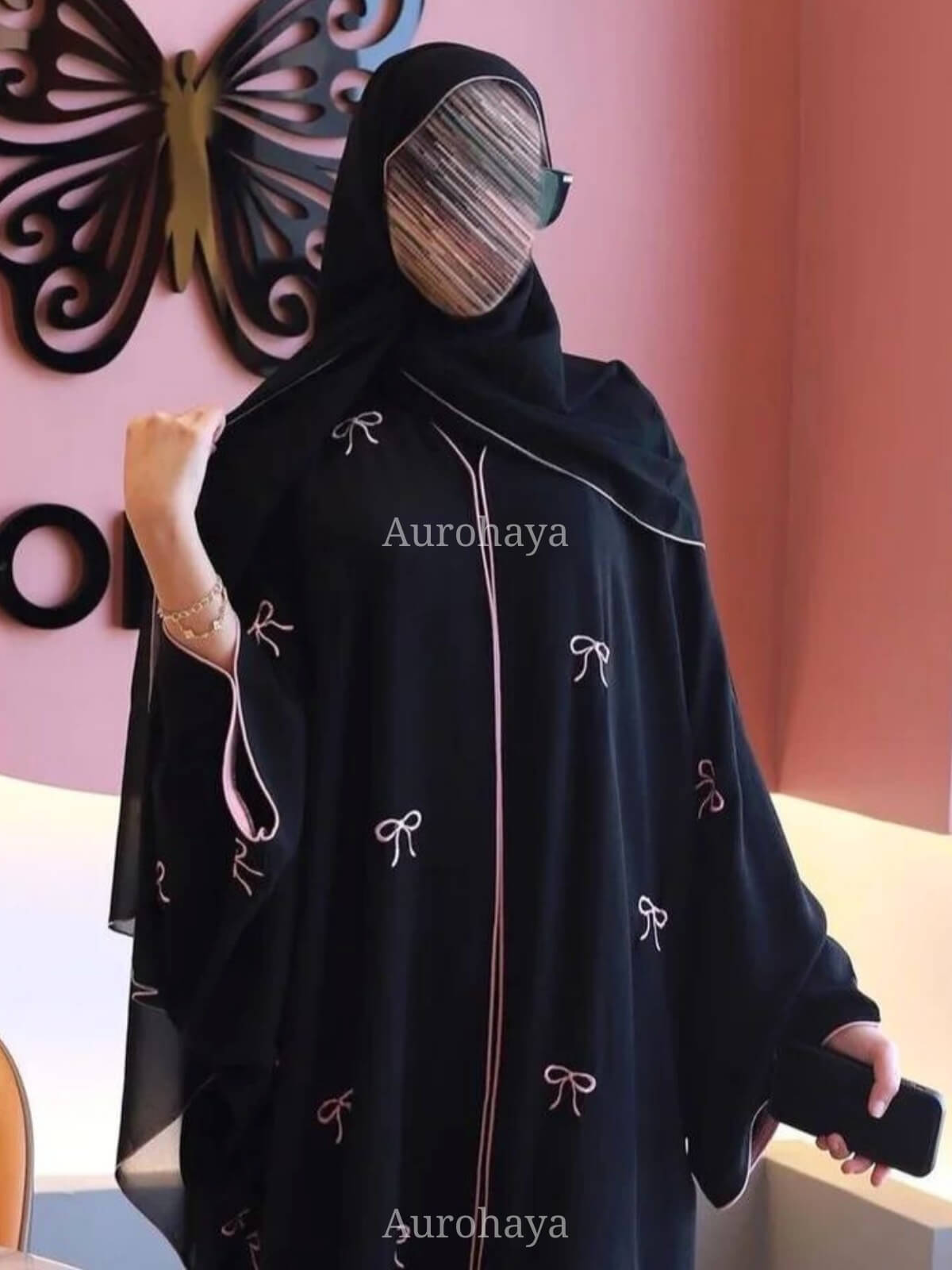 Nida Bow Embroidered Open Abaya with Chiffon Hijab