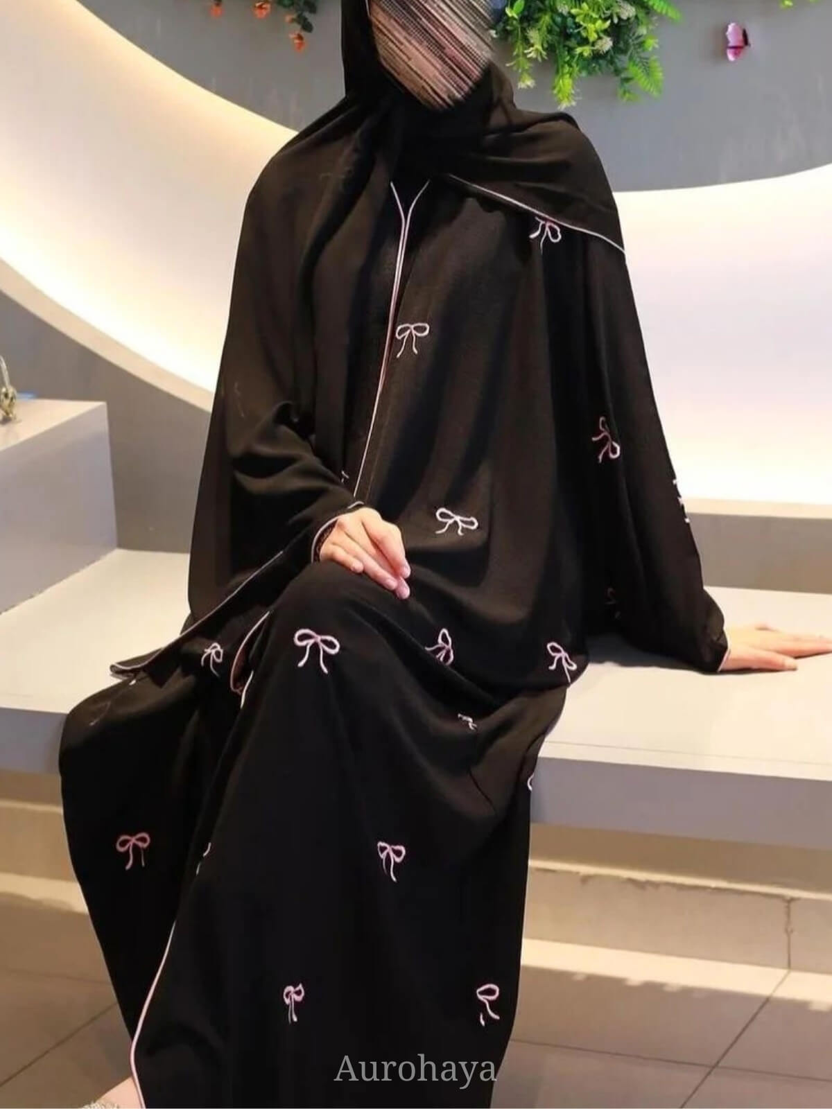 Nida Bow Embroidered Open Abaya with Chiffon Hijab