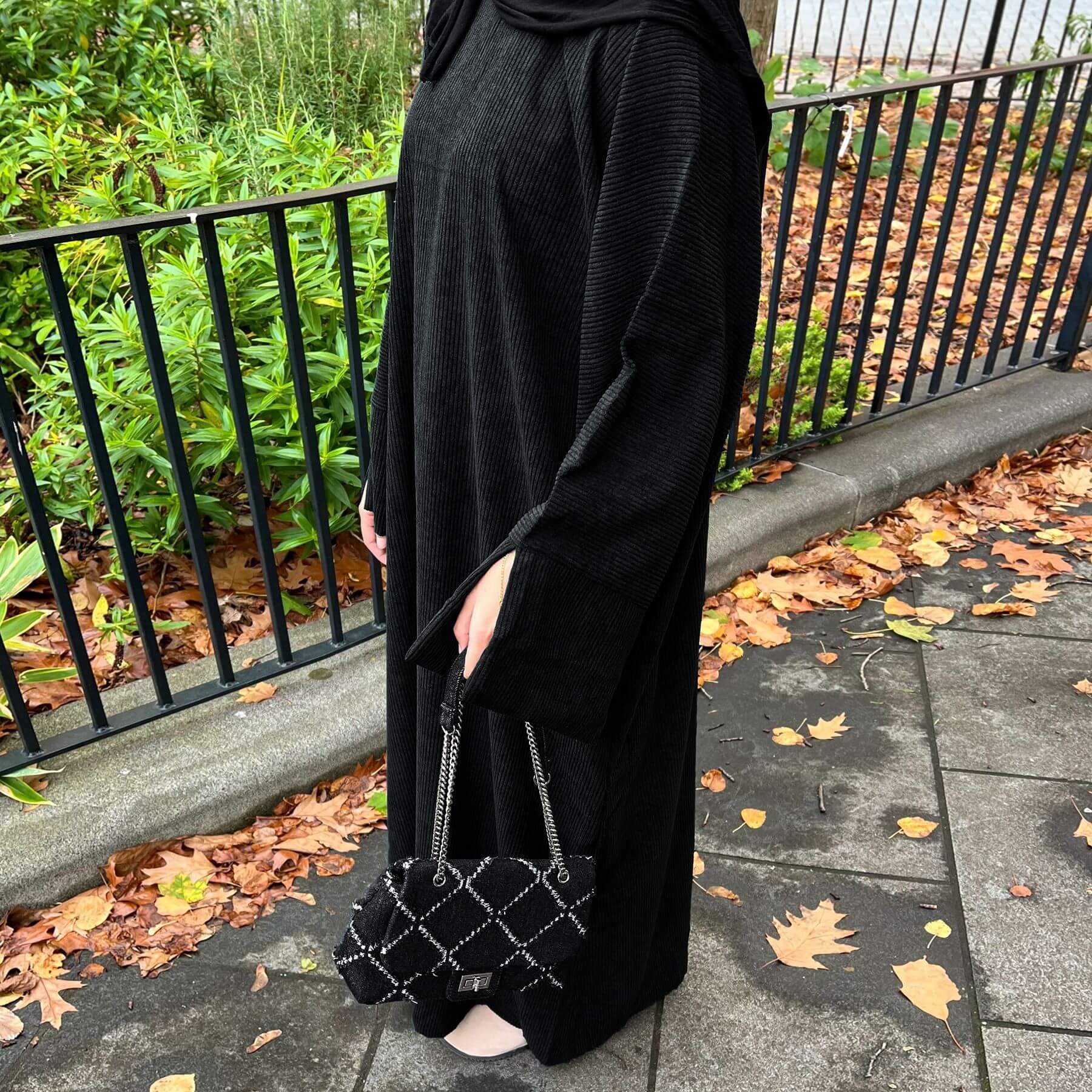 Corduroy Abaya Long Dress with Hijab 2-Piece Set