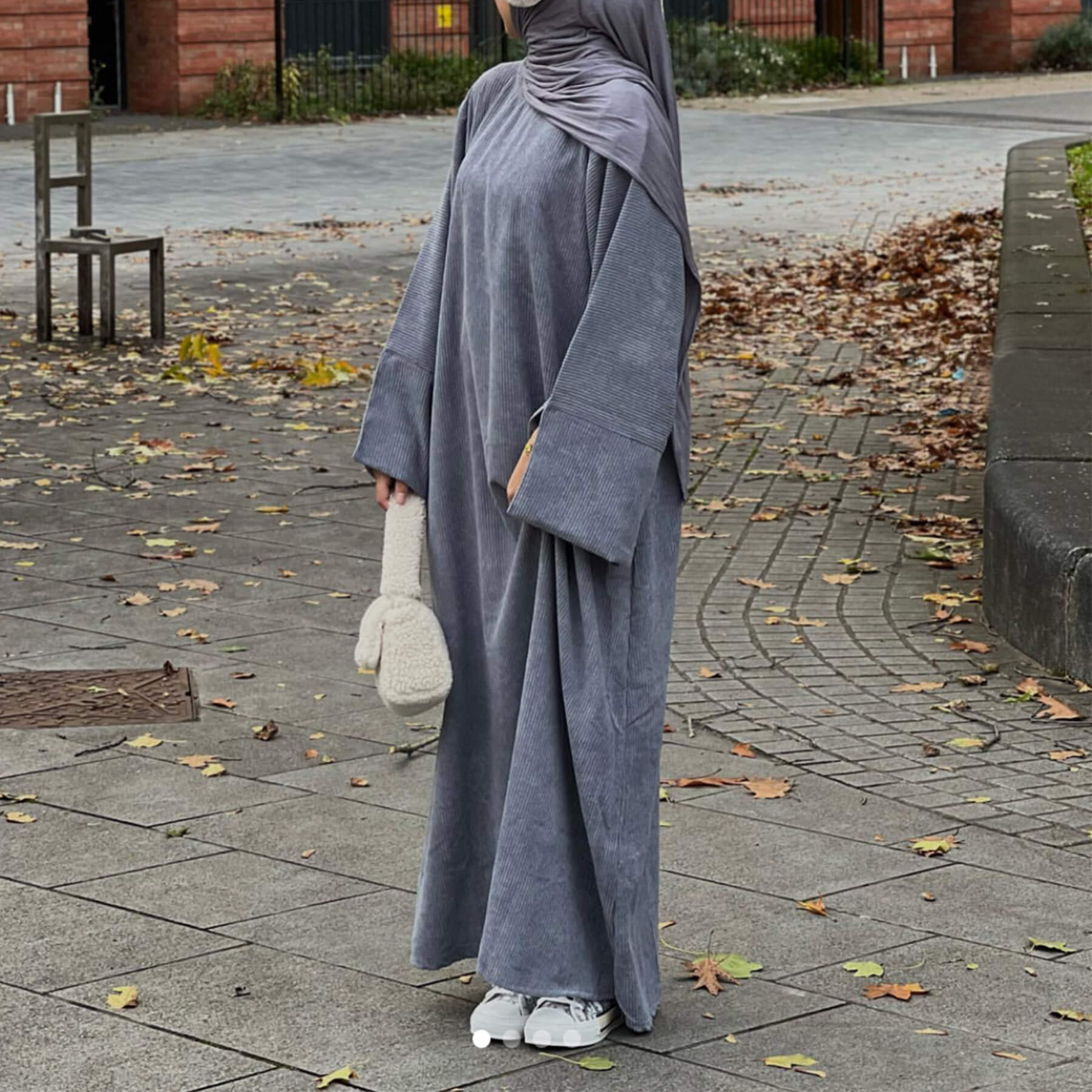 Corduroy Abaya Long Dress with Hijab 2-Piece Set