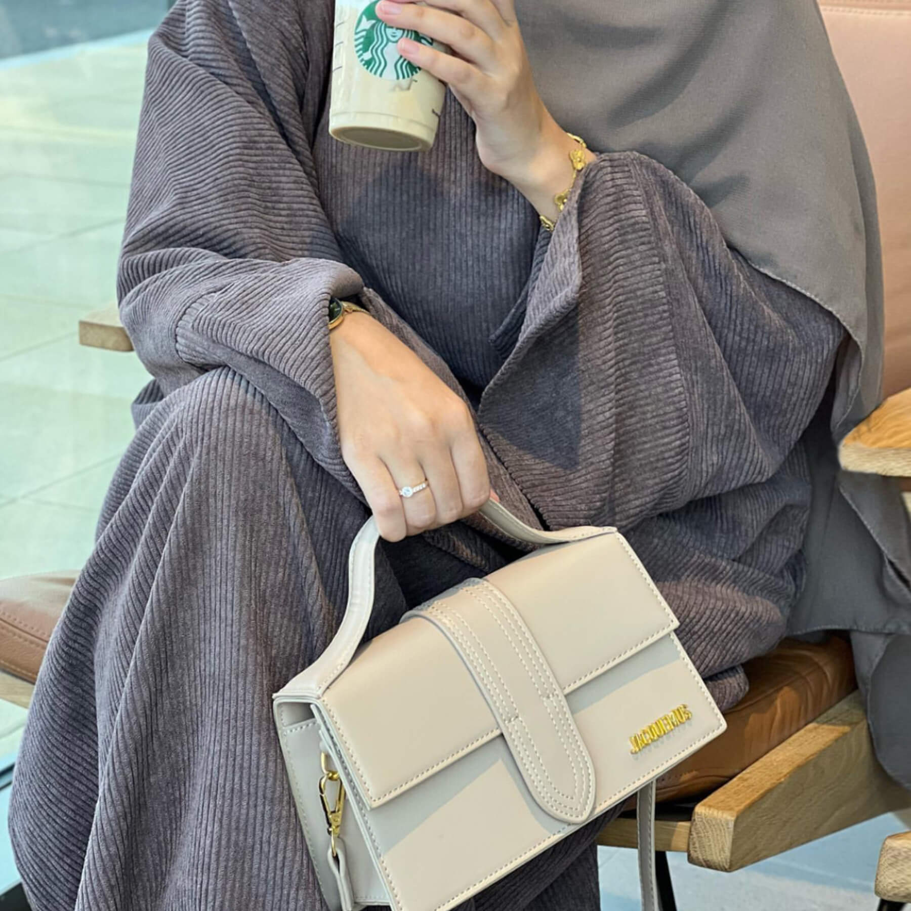 Corduroy Abaya Long Dress with Hijab 2-Piece Set