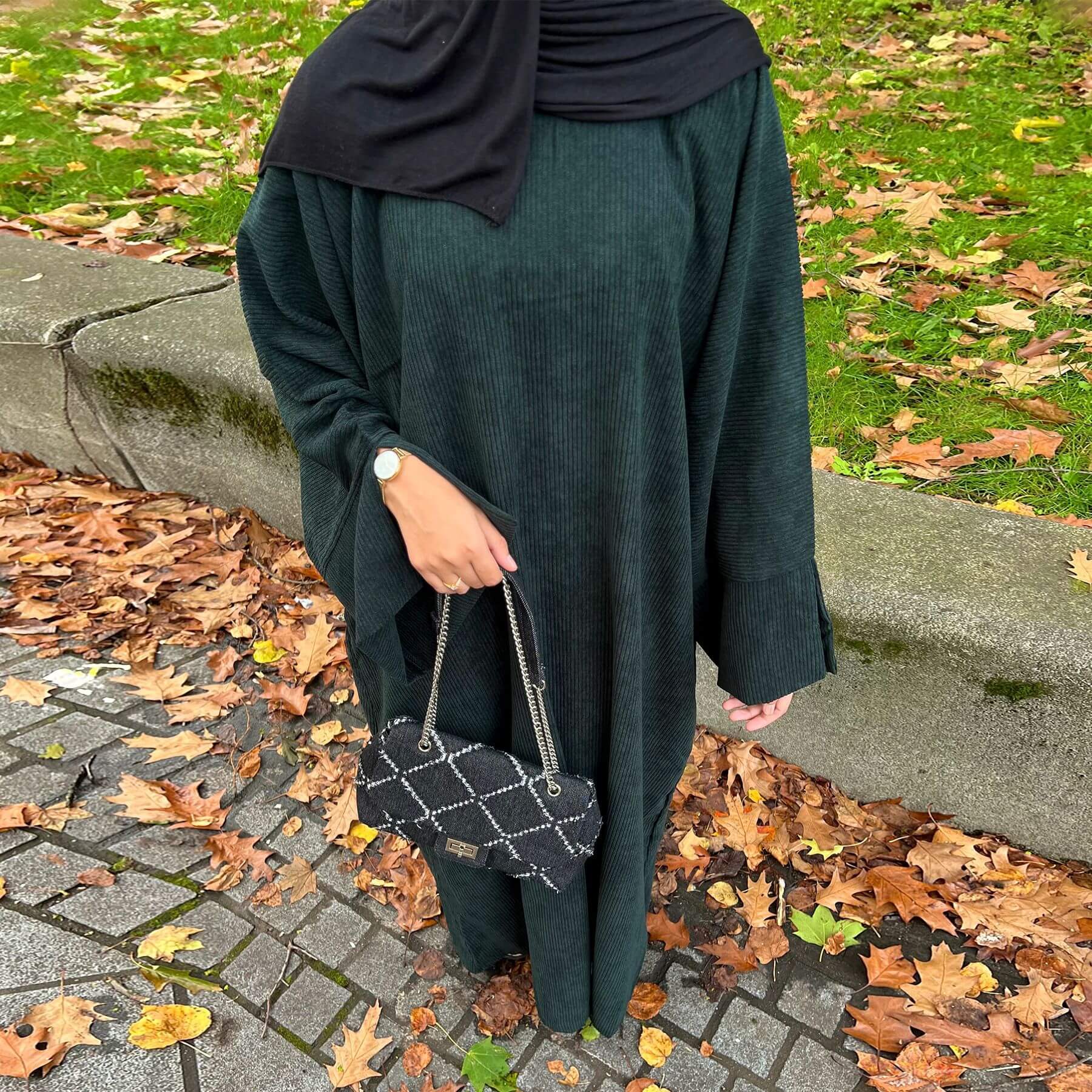 Corduroy Abaya Long Dress with Hijab 2-Piece Set