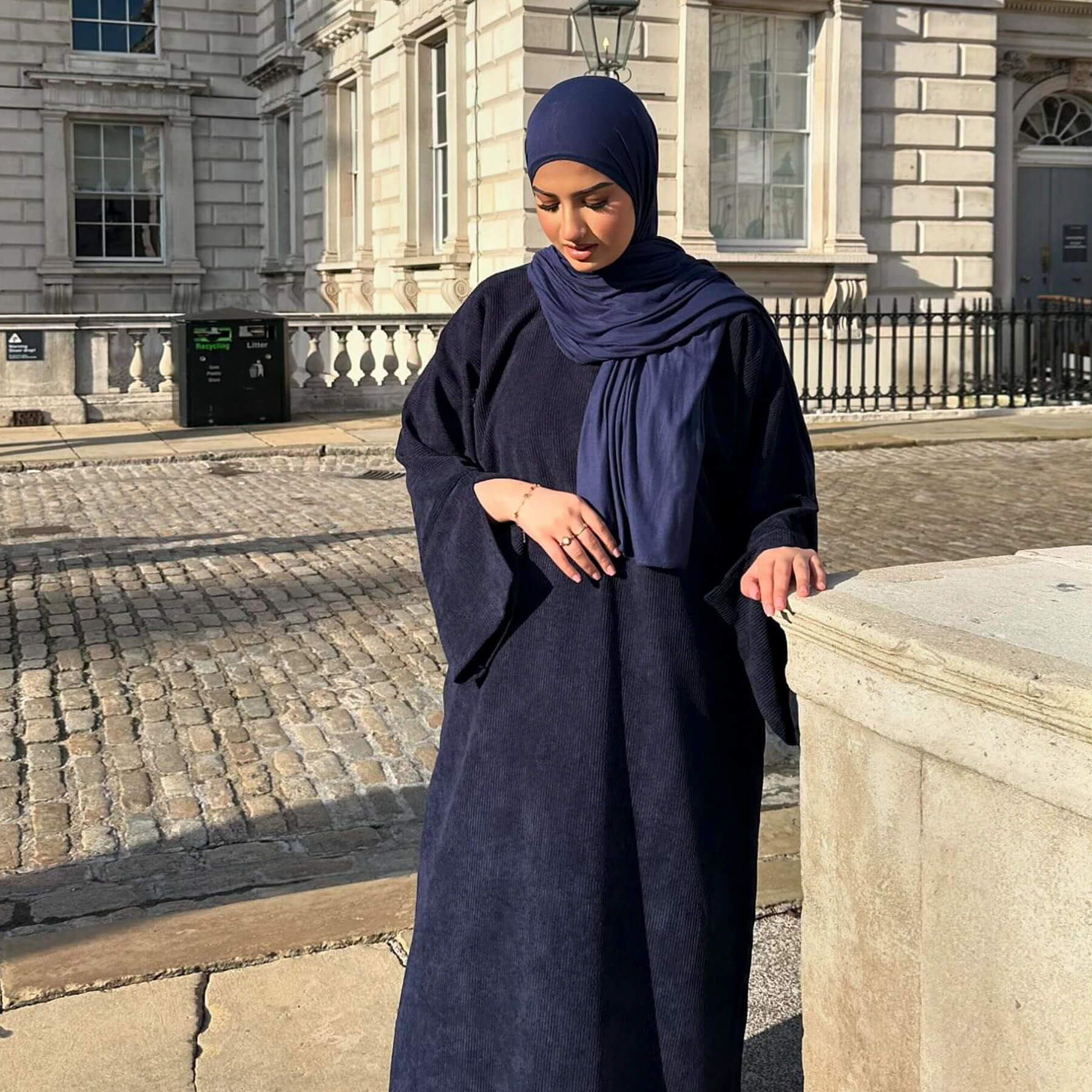 Corduroy Abaya Long Dress with Hijab 2-Piece Set