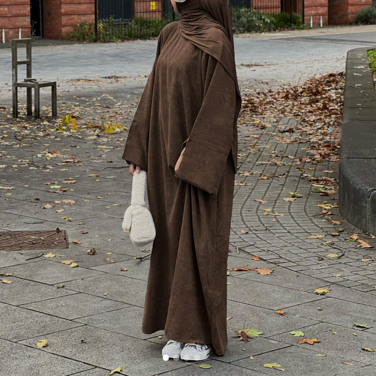 Corduroy Abaya Long Dress with Hijab 2-Piece Set