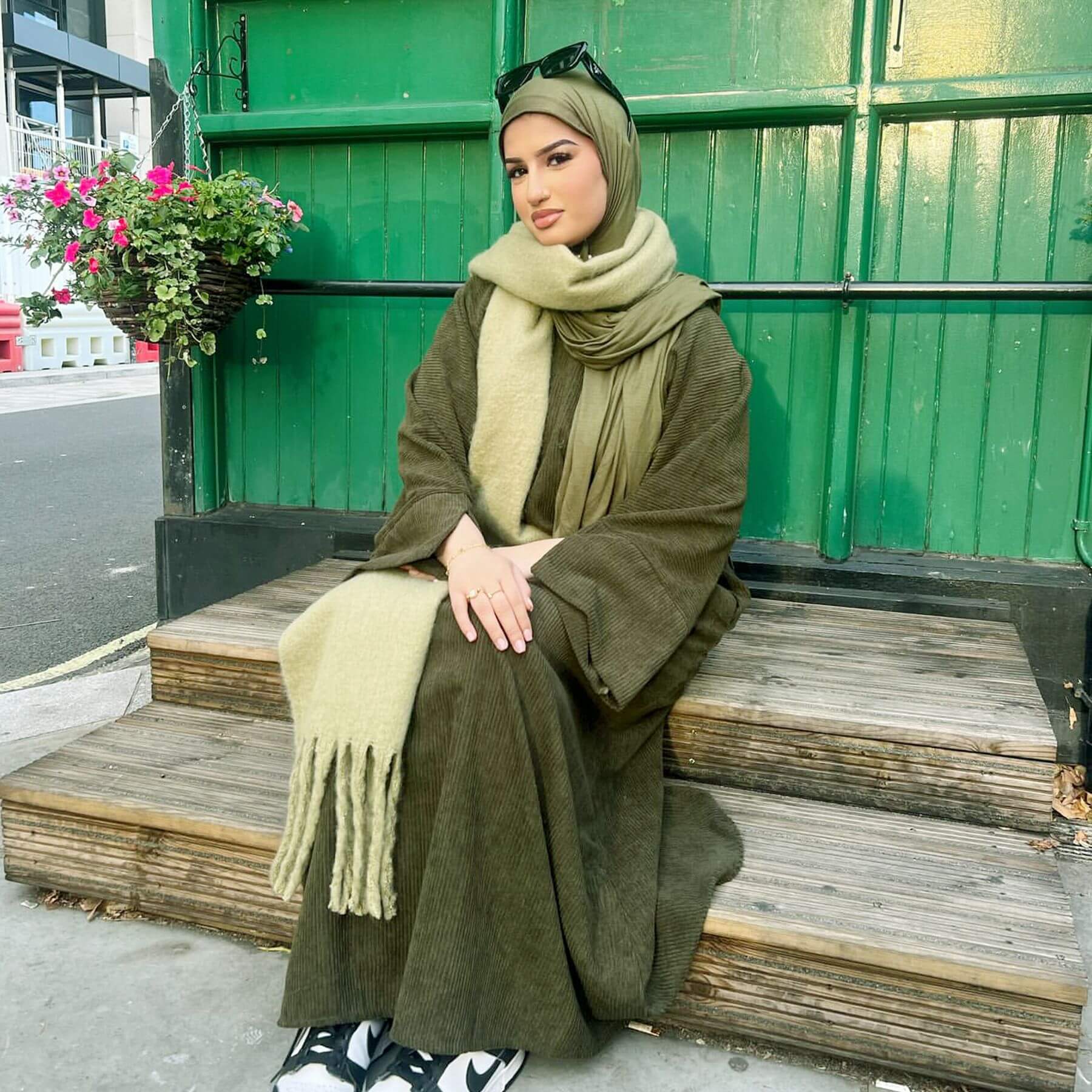 Corduroy Abaya Long Dress with Hijab 2-Piece Set