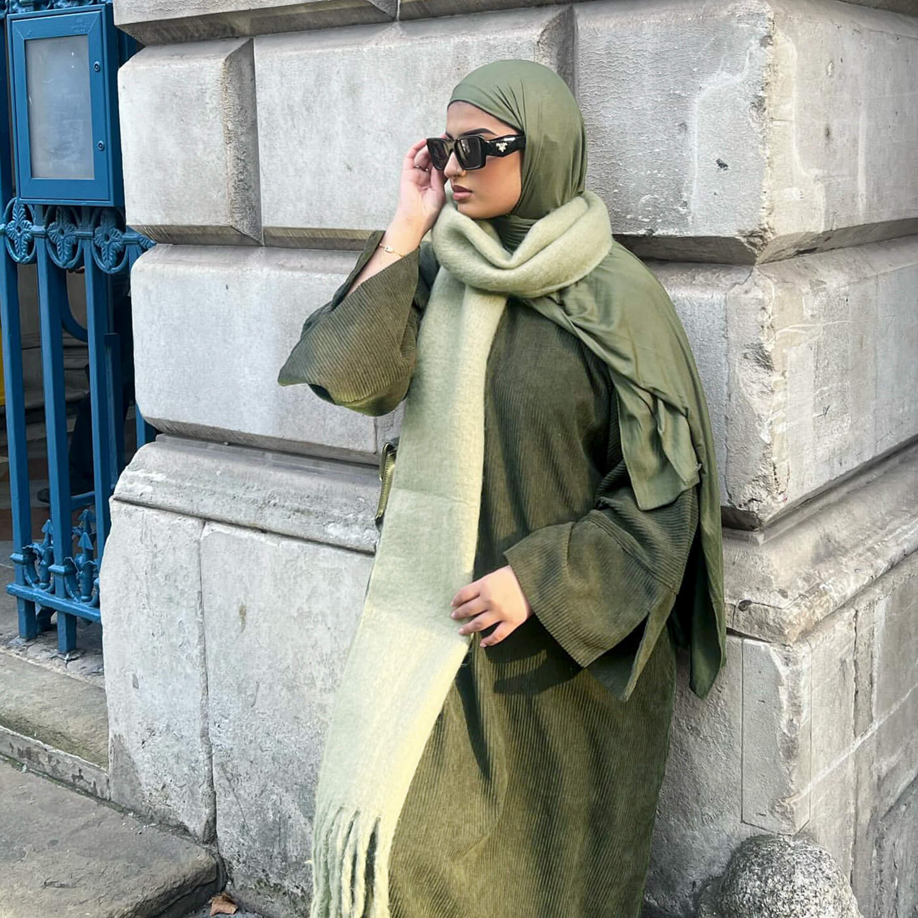 Corduroy Abaya Long Dress with Hijab 2-Piece Set