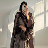 Chiffon Brown Floral Open Abaya with Hijab 2-Piece Set